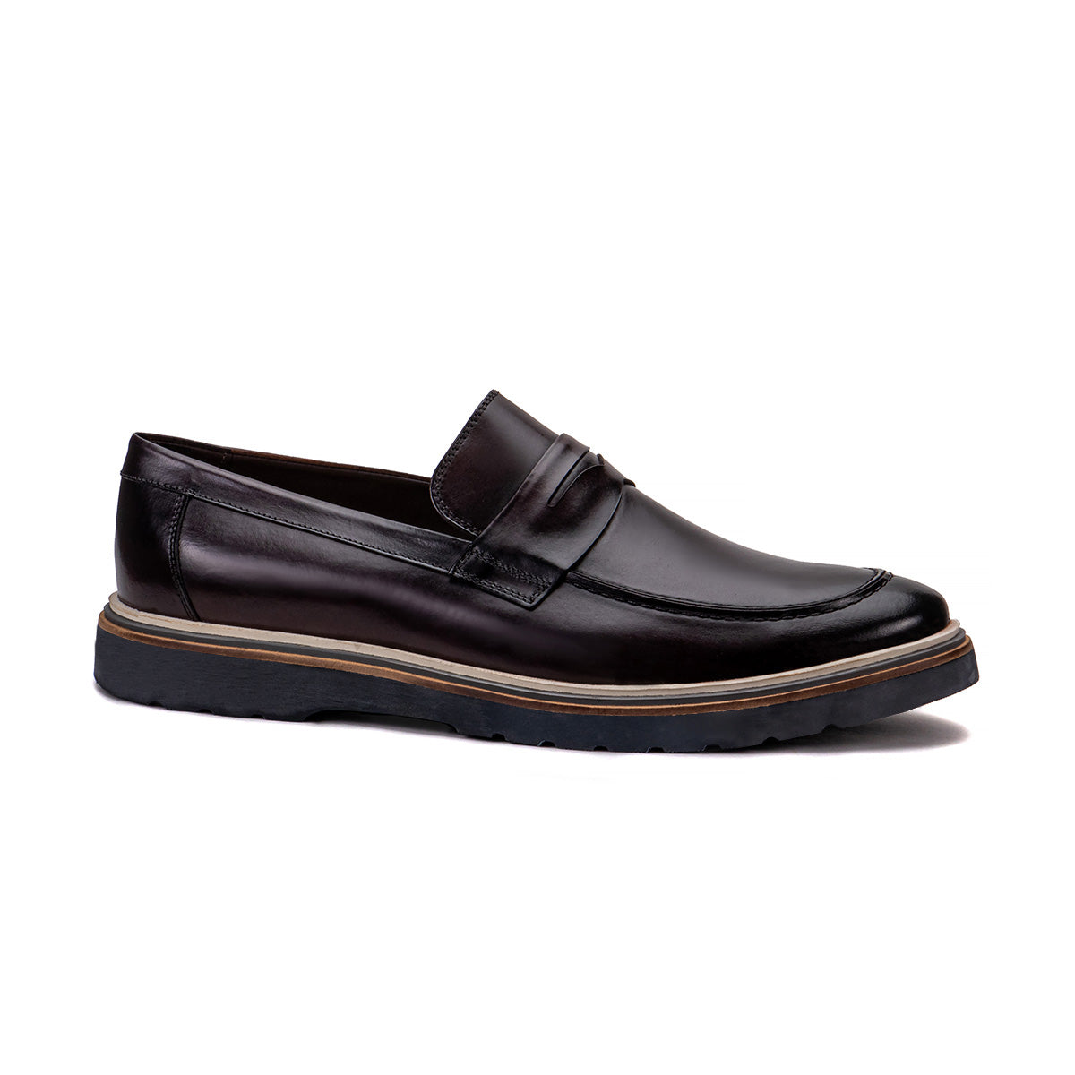 Side profile of the Artelio Ferraro wine leather penny loafer showing the leather upper and layered sole
