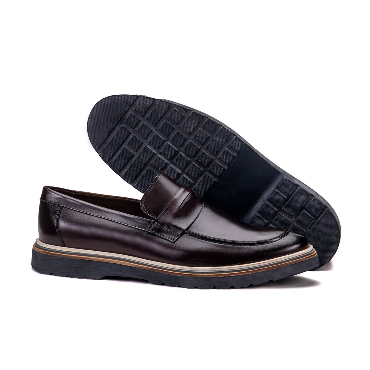 Sole detail of the Artelio Ferraro wine leather penny loafer showing the flexible bottom