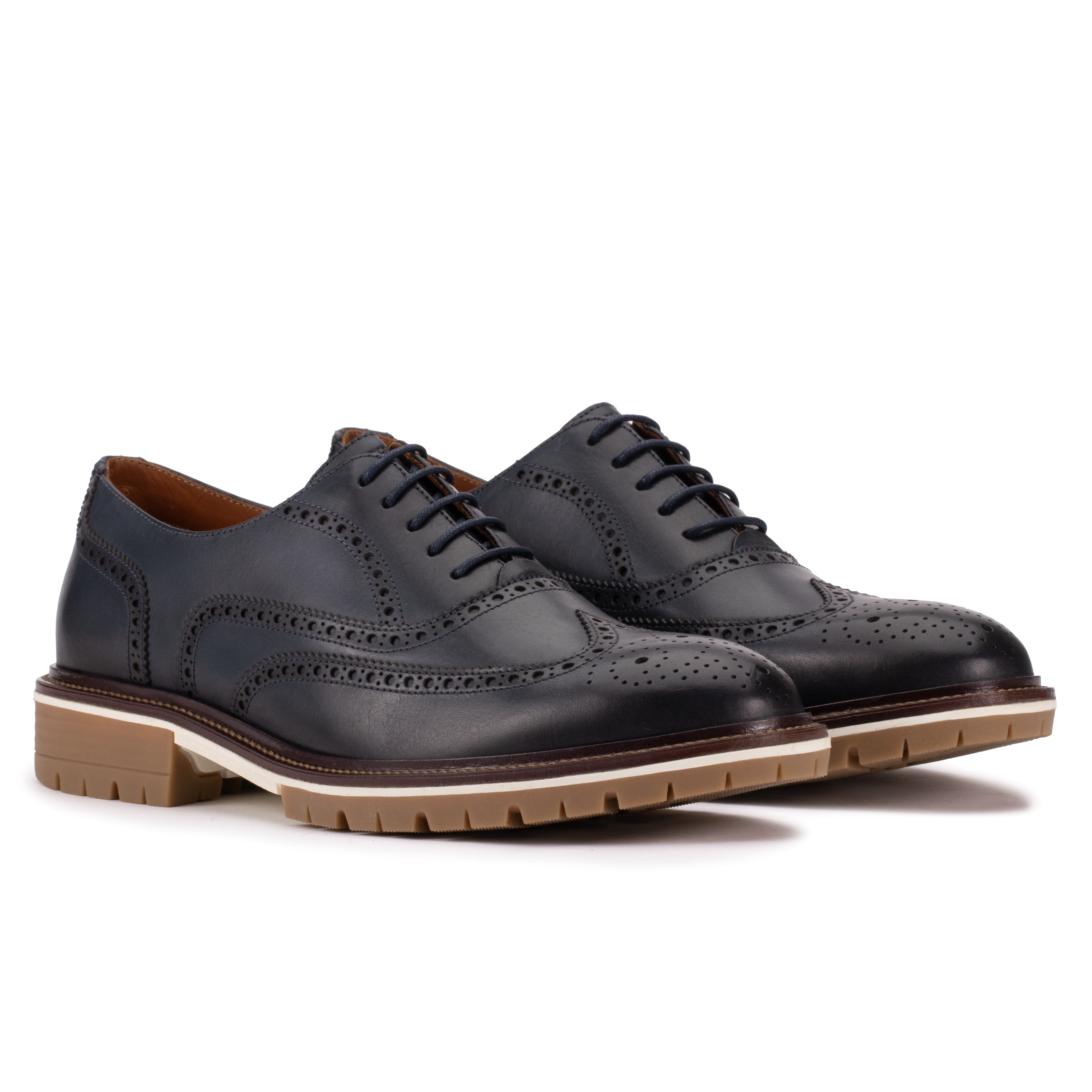 Front angle of the Artelio Fifth Avenue gray leather wingtip derby with lace-up styling and brogue detail