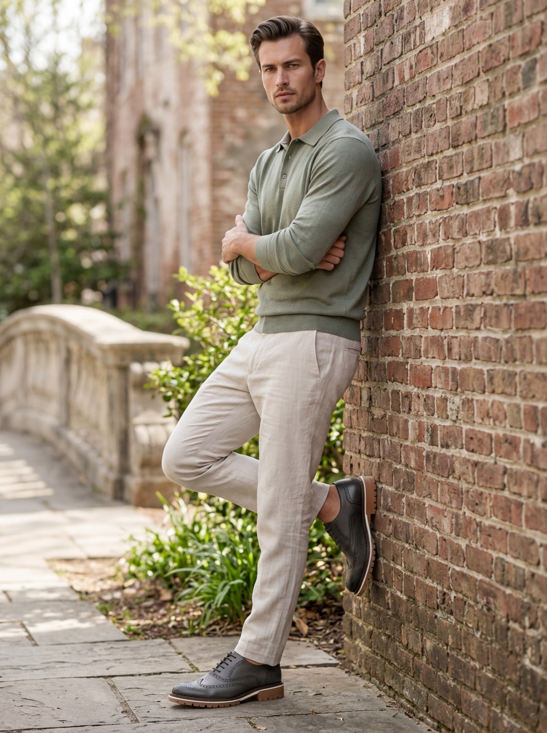Lifestyle image of the Artelio Fifth Avenue gray leather wingtip derby styled against a brick wall