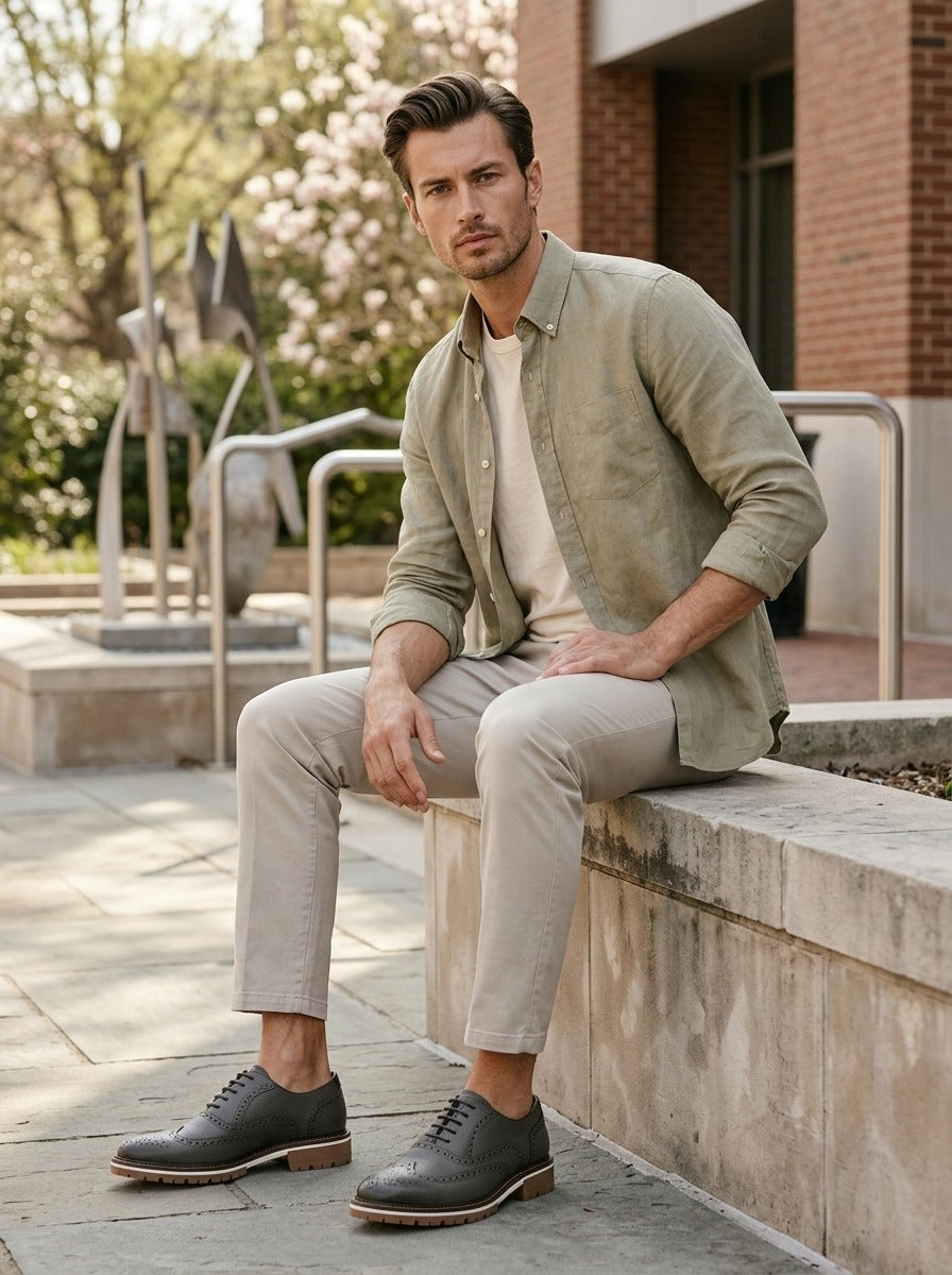 Lifestyle image of the Artelio Fifth Avenue gray leather wingtip derby styled with a light outfit
