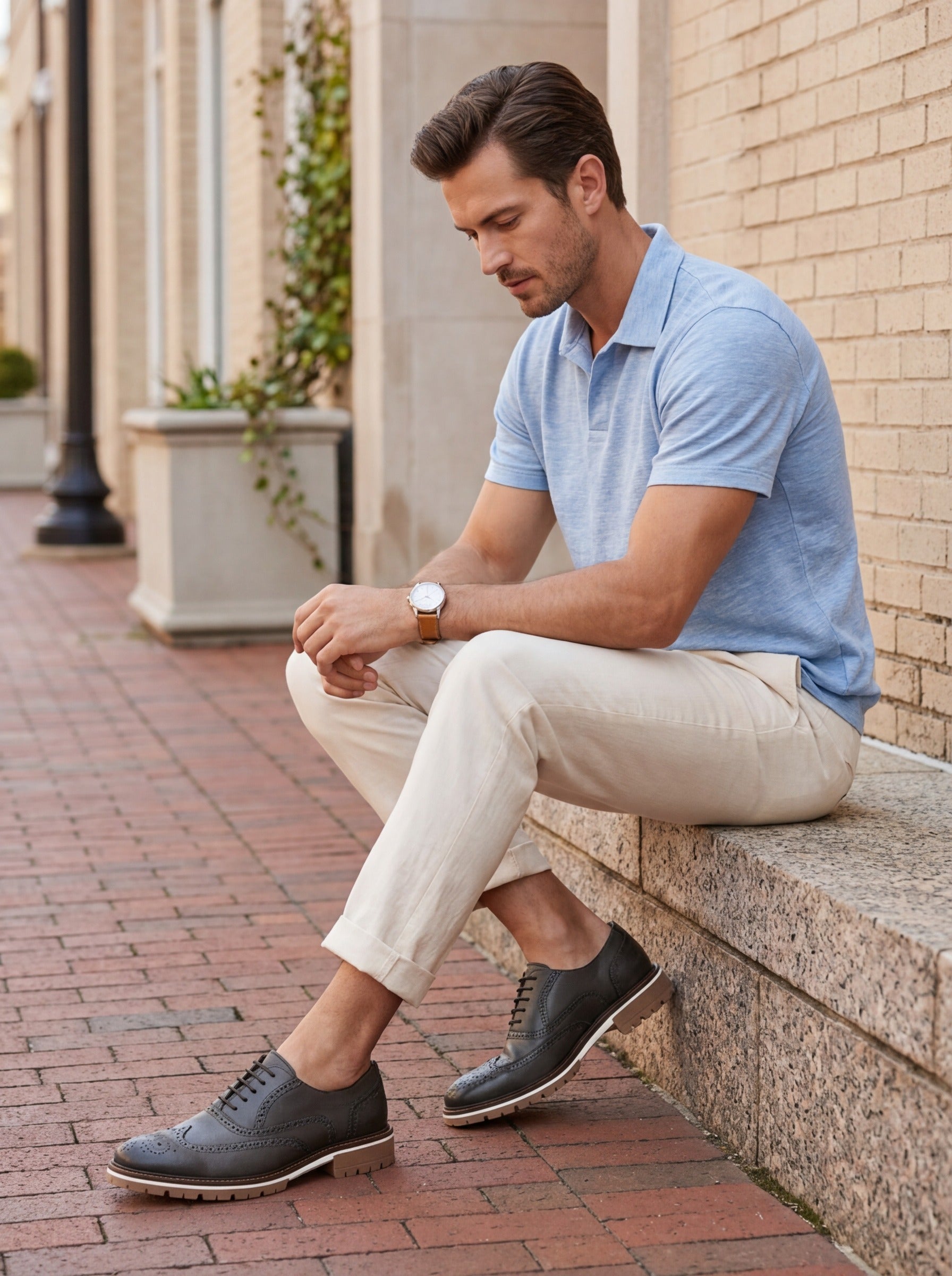 Seated lifestyle image of the Artelio Fifth Avenue gray leather wingtip derby with light trousers