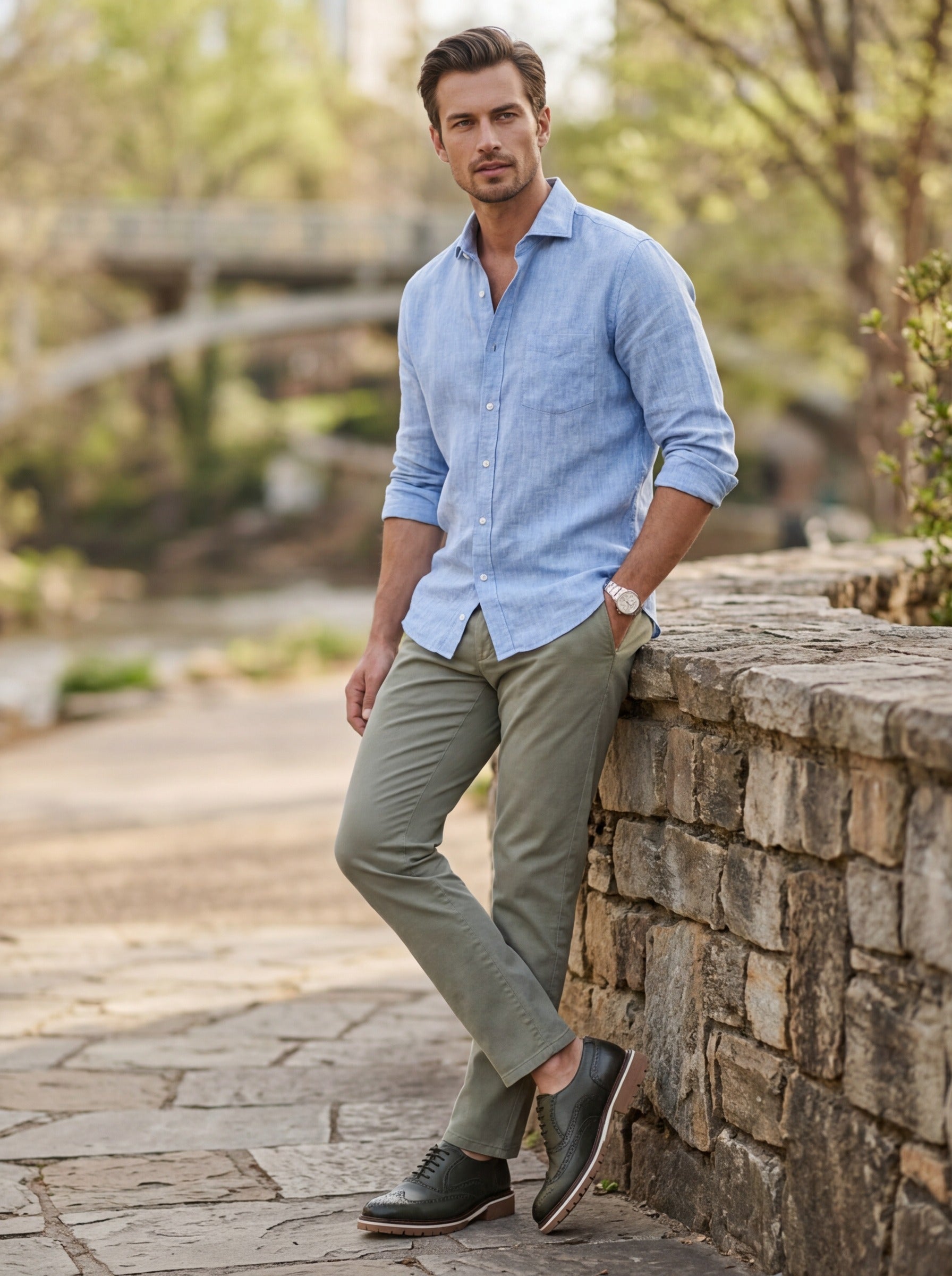Lifestyle image of the Artelio Fifth Avenue gray leather wingtip derby styled with casual trousers