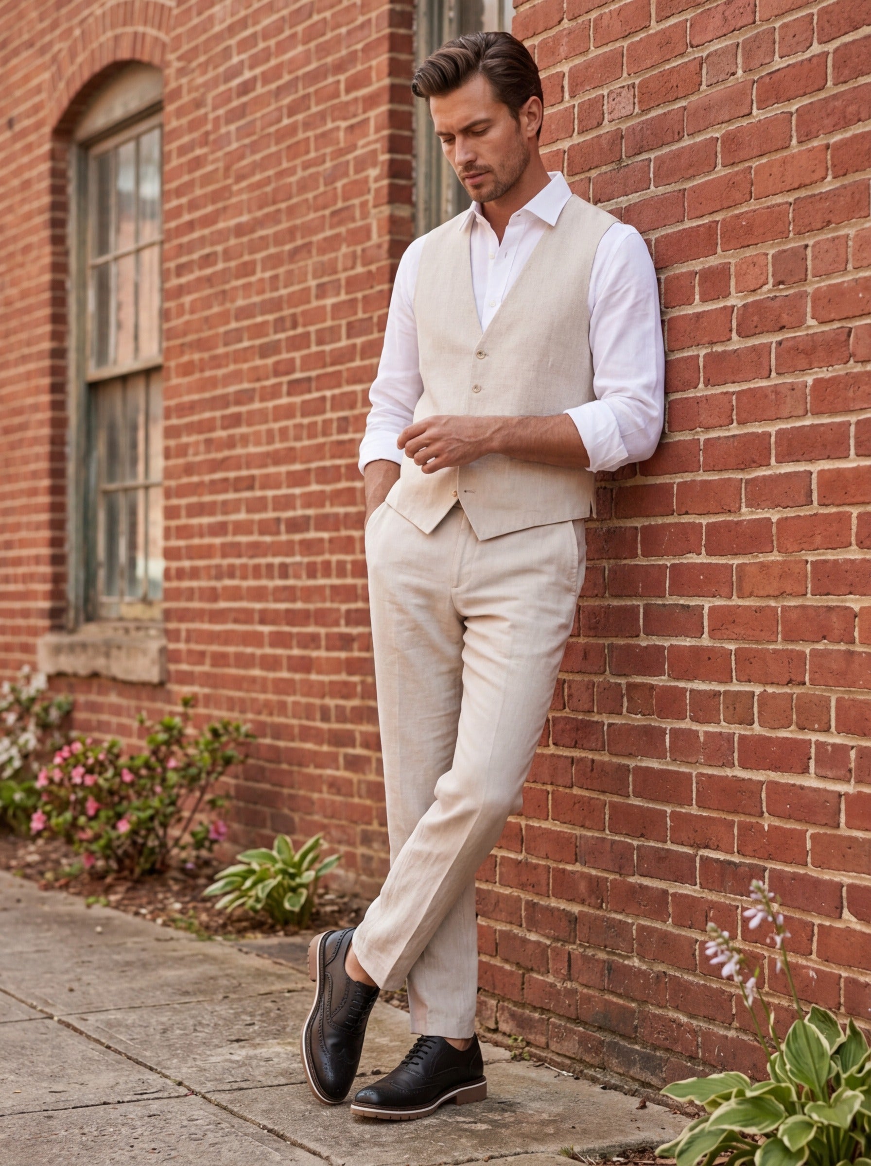Lifestyle image of the Artelio Fifth Avenue gray leather wingtip derby styled with a white shirt