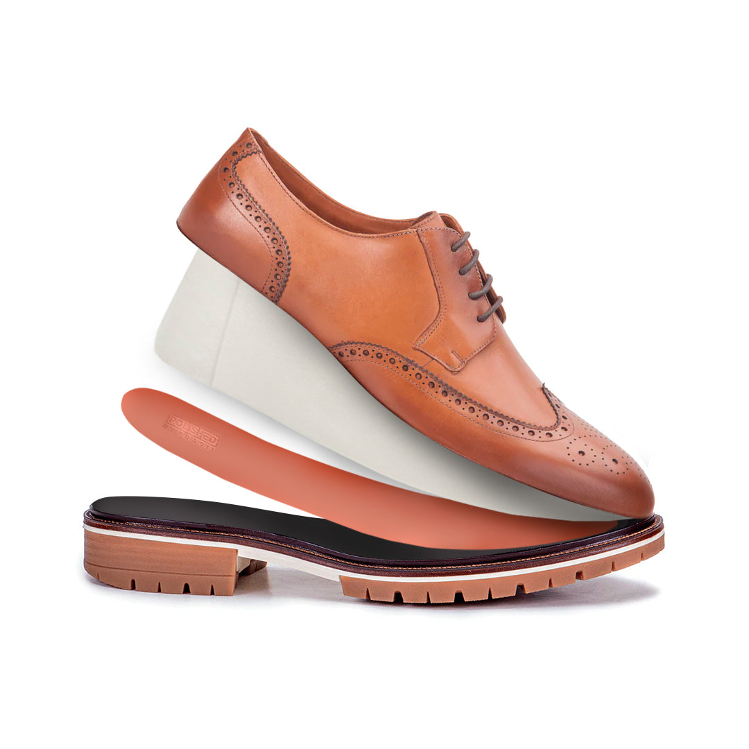 Side profile of the Artelio Fifth Avenue terracotta leather wingtip derby with a cushioned everyday sole breakdown