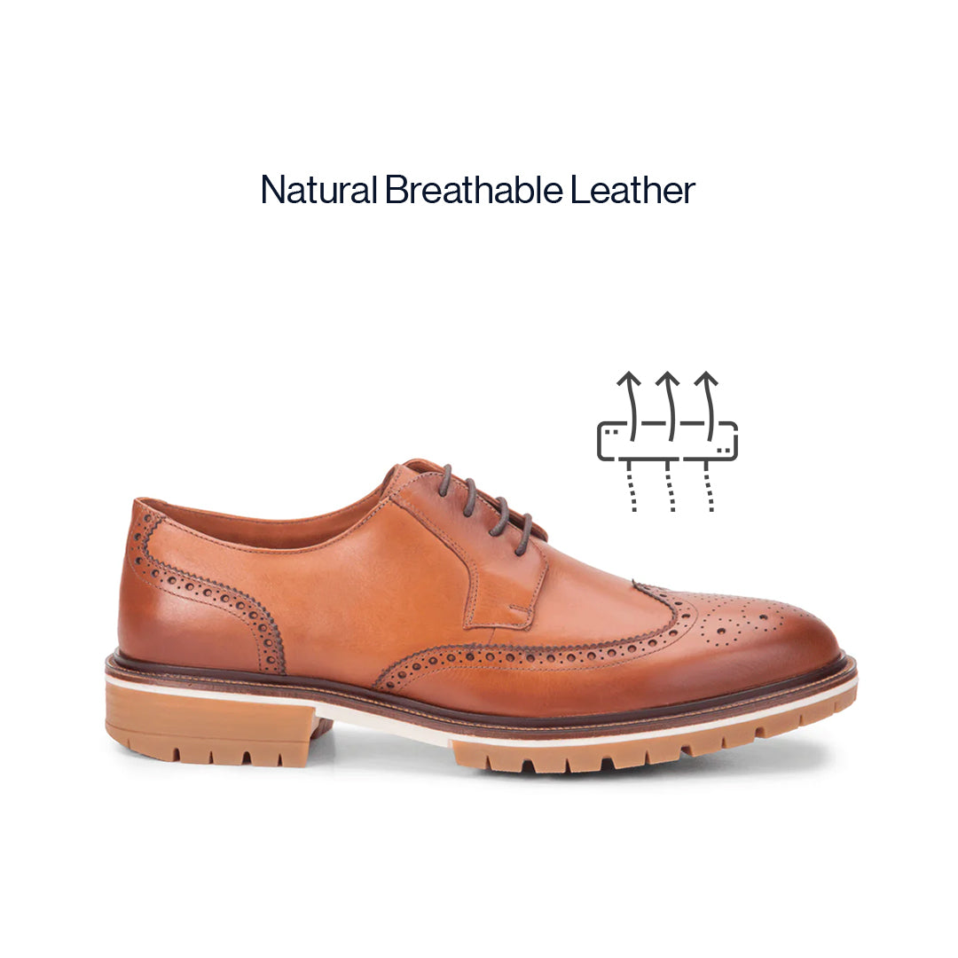 Side profile of the Artelio Fifth Avenue terracotta leather wingtip derby with a cushioned everyday sole and natural breathable leather