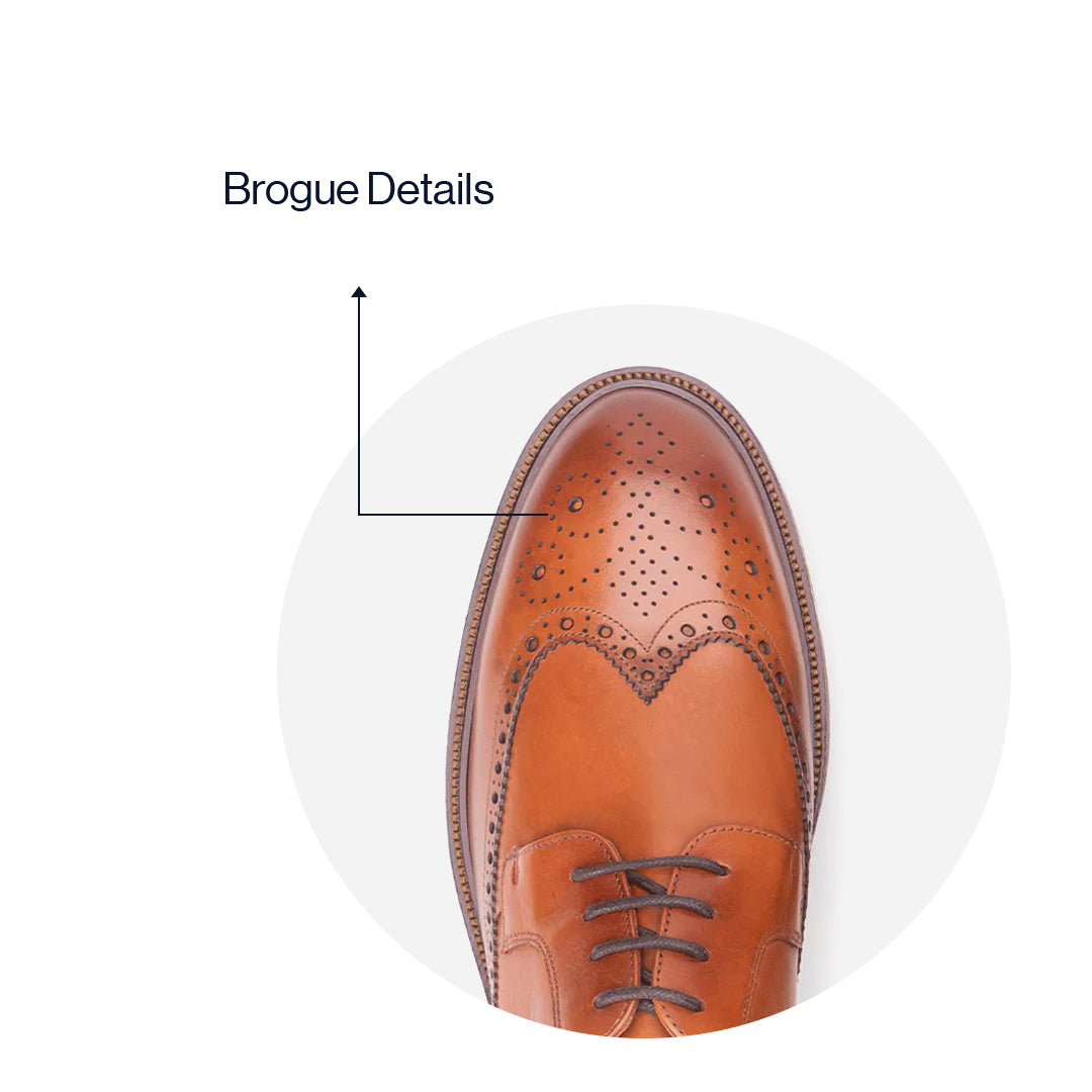 Top view of the Artelio Fifth Avenue terracotta leather wingtip derby with brogue detailing call out