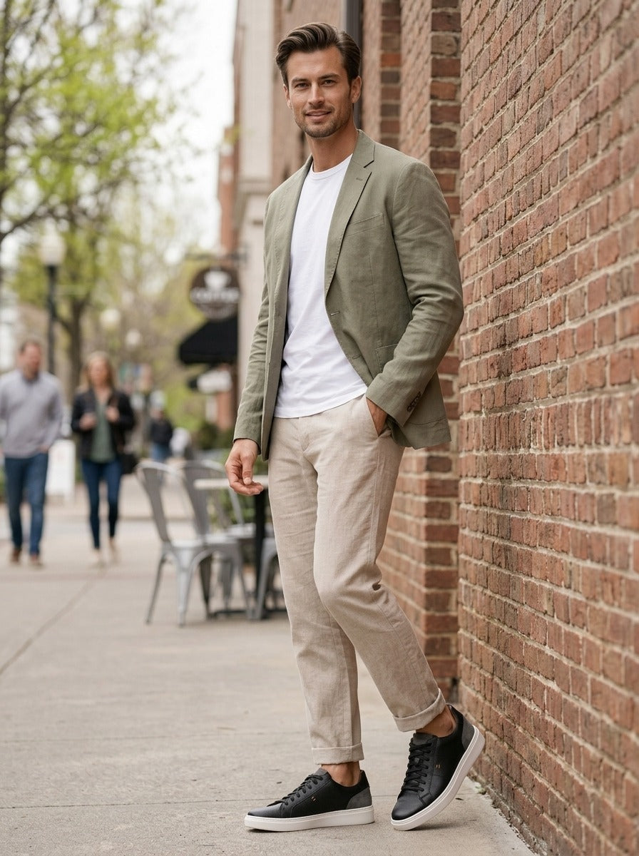 Lifestyle image of the Artelio Heritage black and gray leather sneaker against a brick wall setting