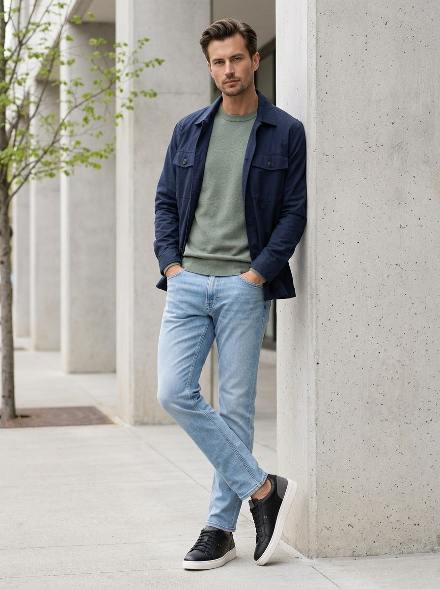 Lifestyle image of the Artelio Heritage black and gray leather sneaker styled with a denim jacket