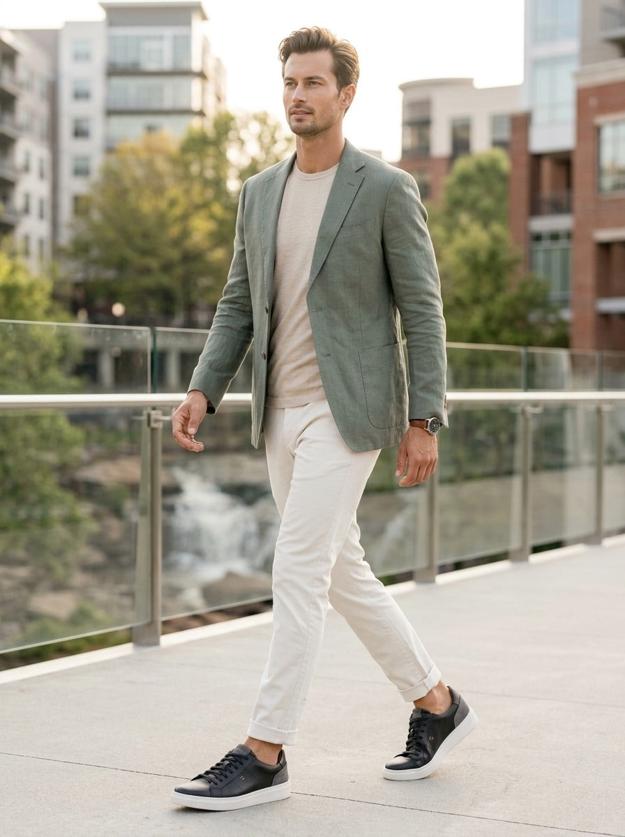 Walking lifestyle image of the Artelio Heritage black and gray leather sneaker in a smart casual outfit