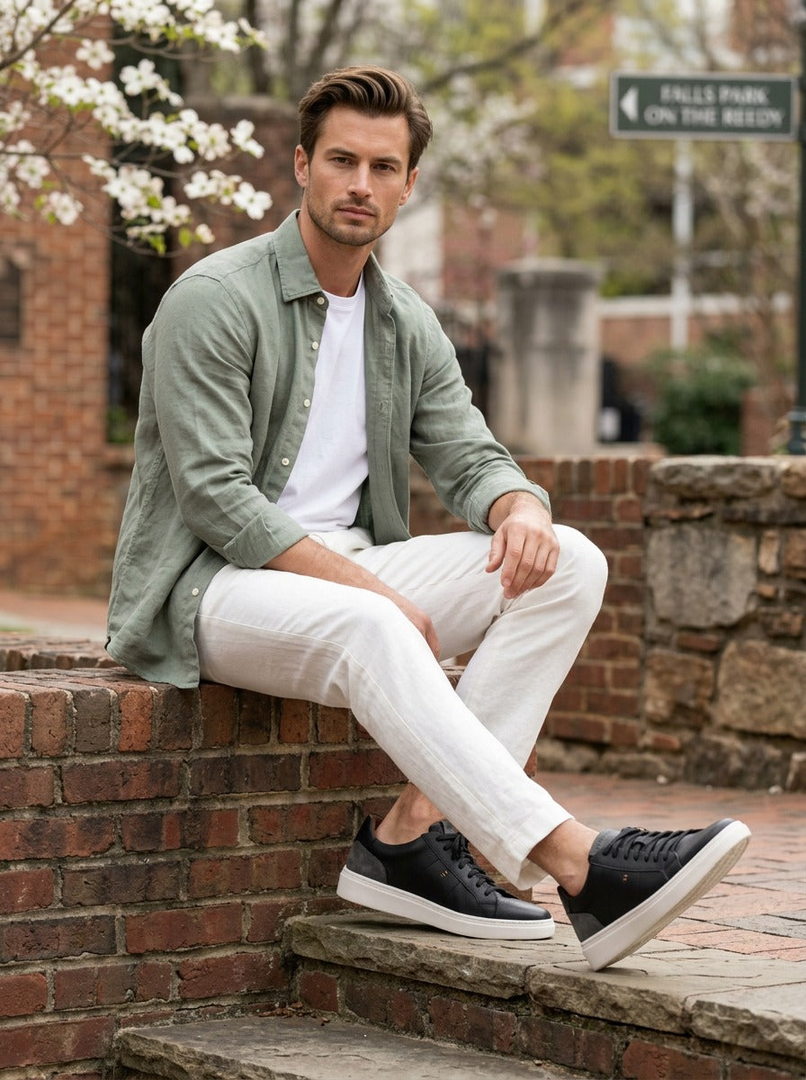 Lifestyle image of the Artelio Heritage black and gray leather sneaker styled with white chinos