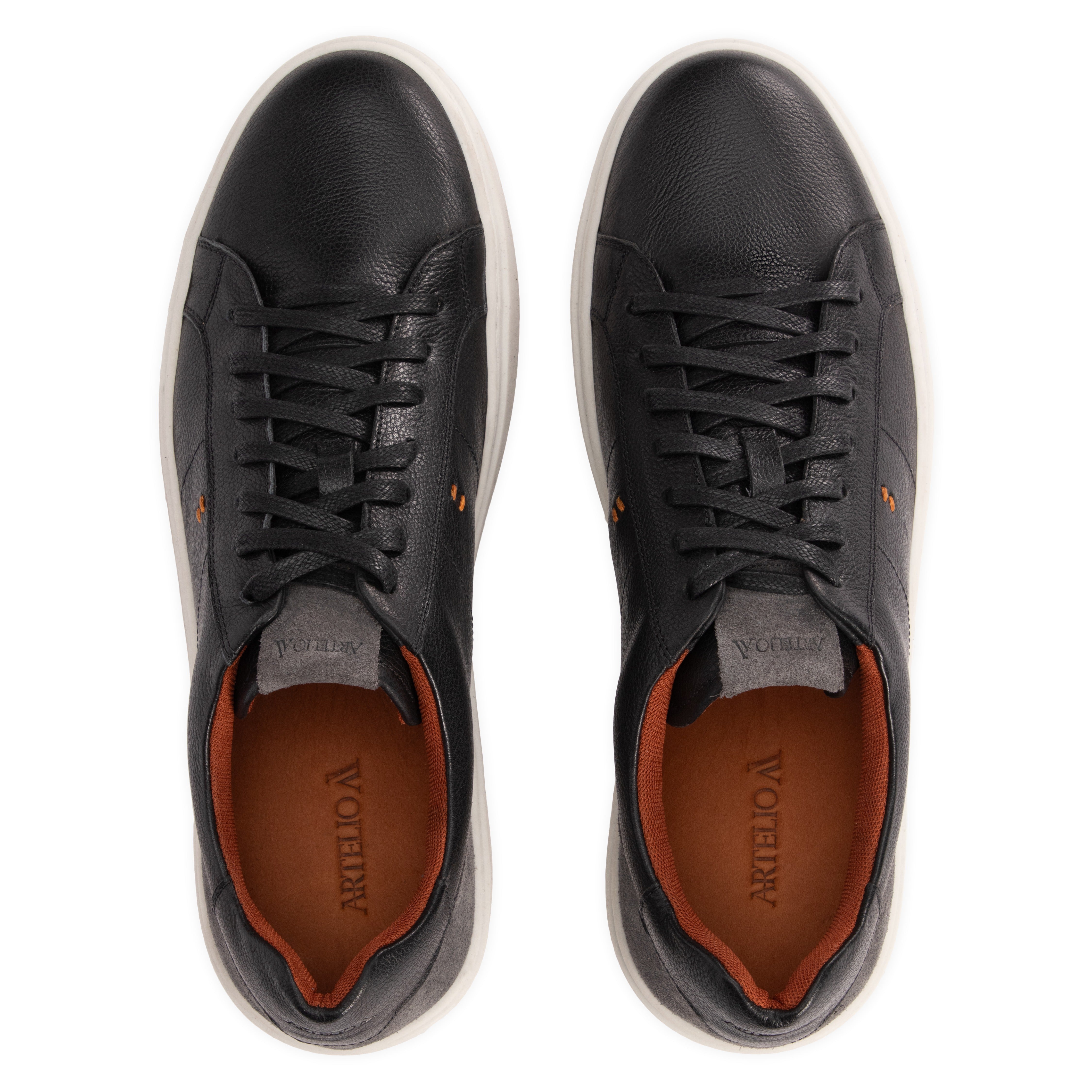 Top view of the Artelio Heritage black and gray leather low-top sneaker with suede tongue and heel detail