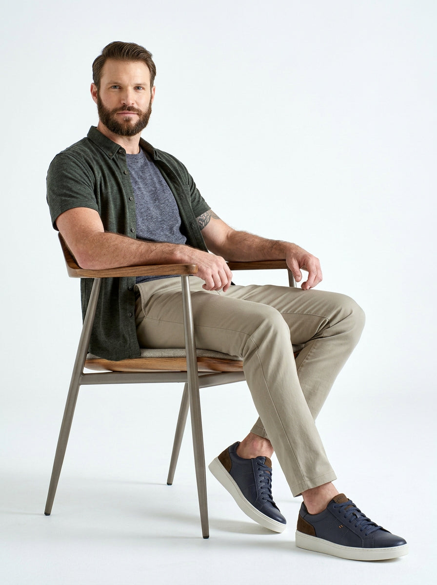 Lifestyle image of the Artelio Heritage indigo and chocolate leather sneaker styled in a refined casual seated look