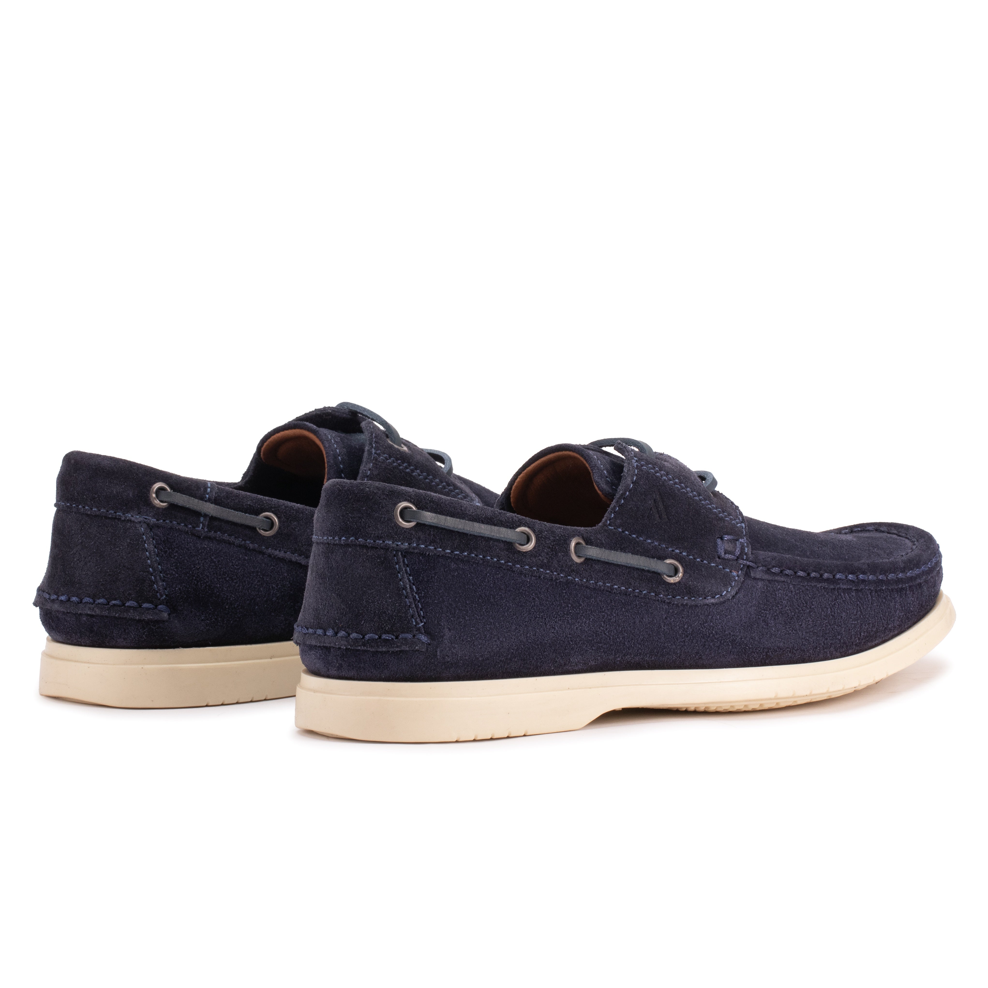 Rear angle view of the Artelio Navigator navy suede boat shoes with leather laces