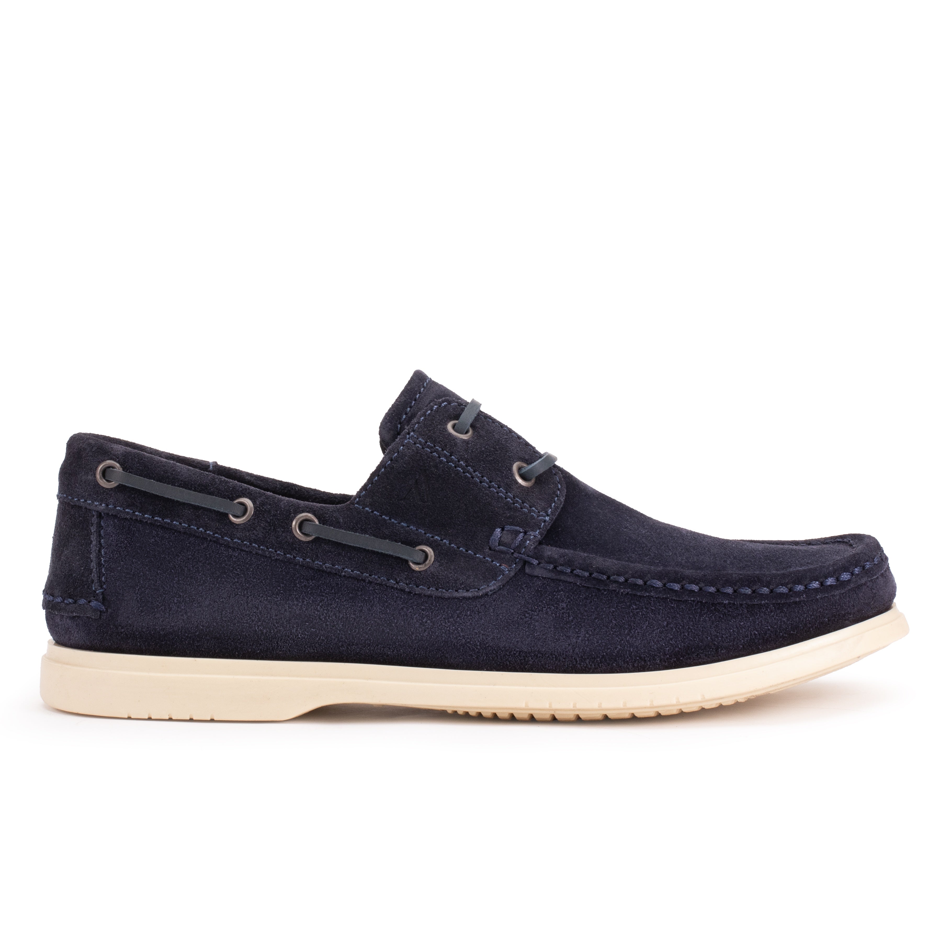 Side profile of the Artelio Navigator navy suede boat shoe with leather laces and a lightweight flexible sole