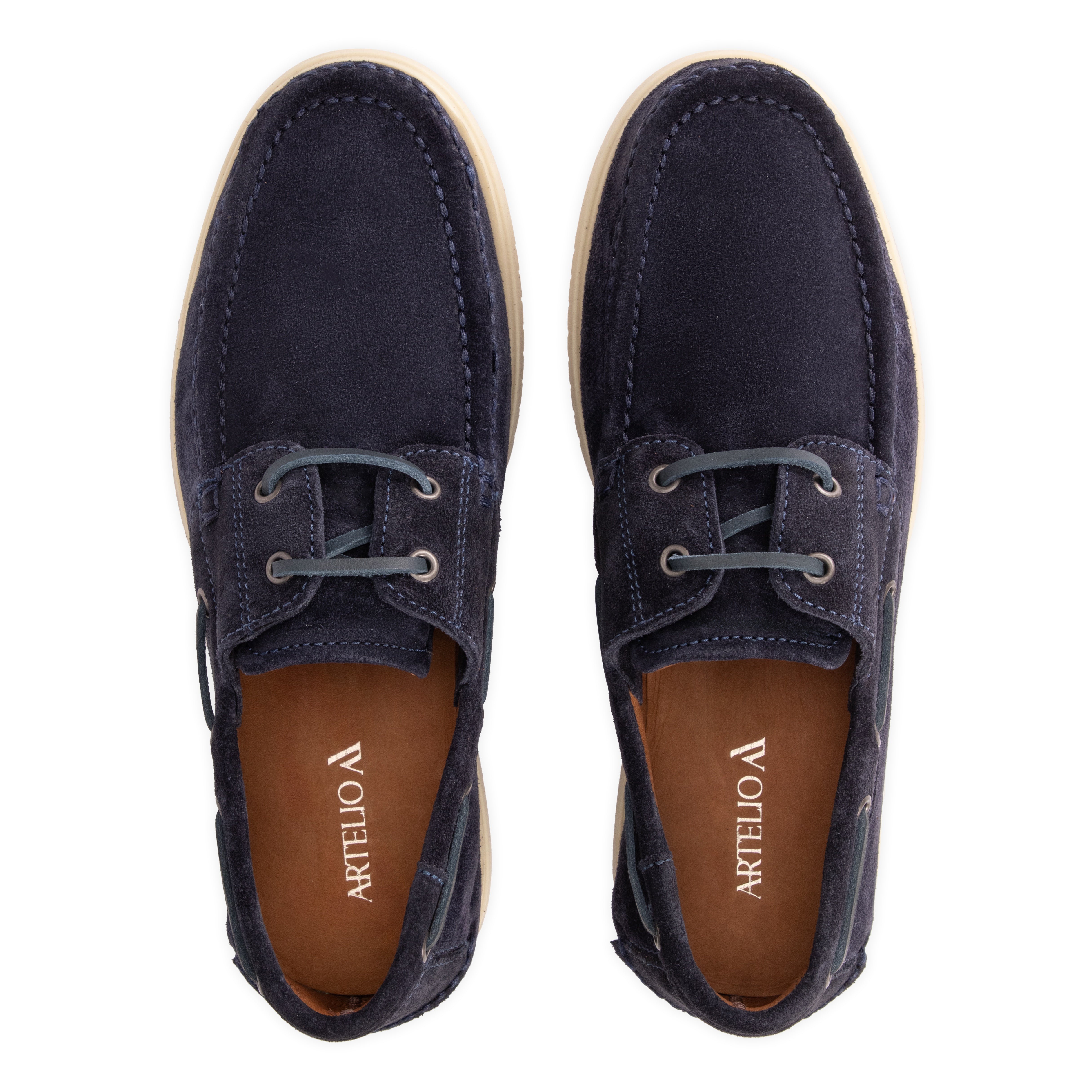 Top view of the Artelio Navigator navy suede boat shoes with leather laces and hand-stitched toe detailing