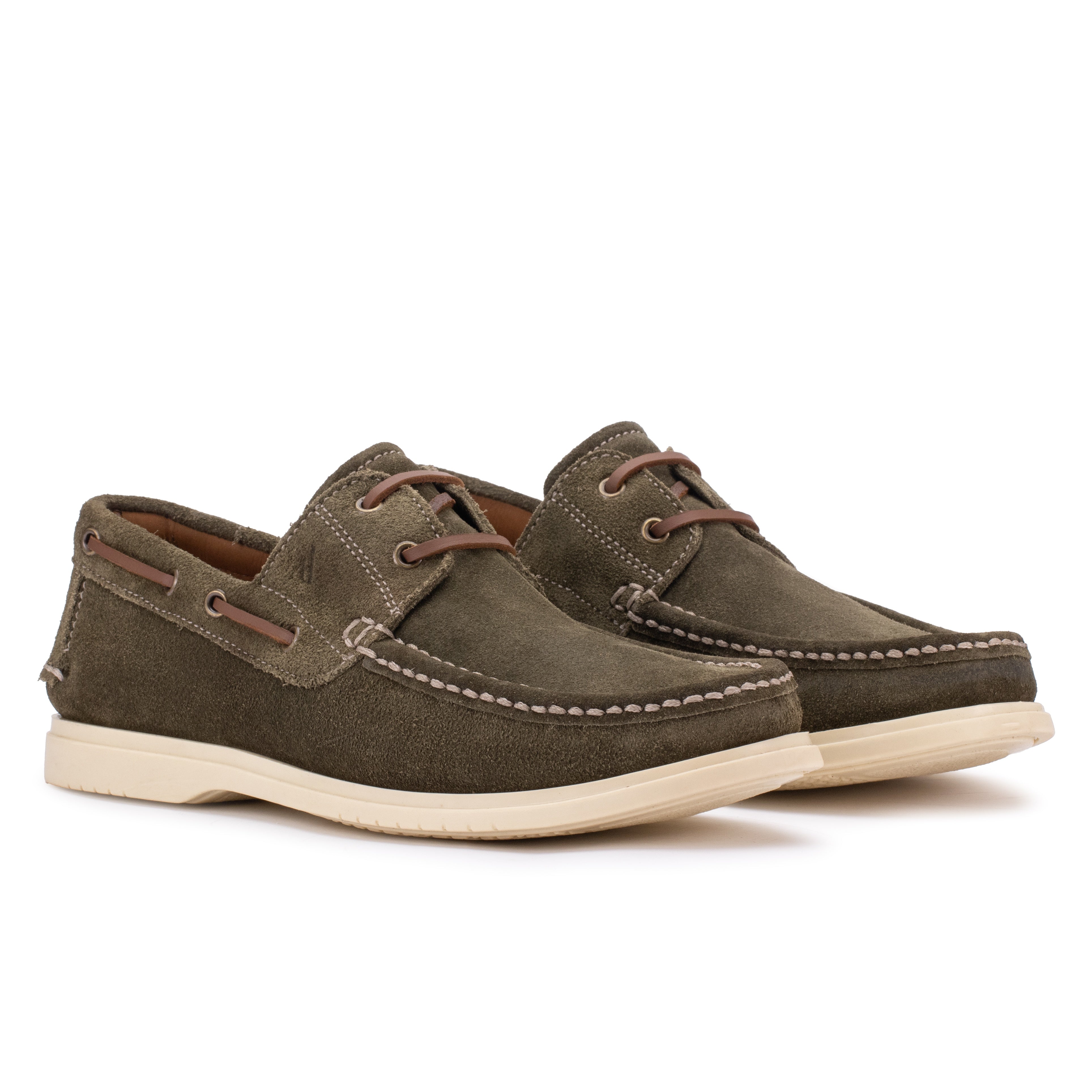 Front angle view of the Artelio Navigator olive suede boat shoes with hand-stitched toe detail