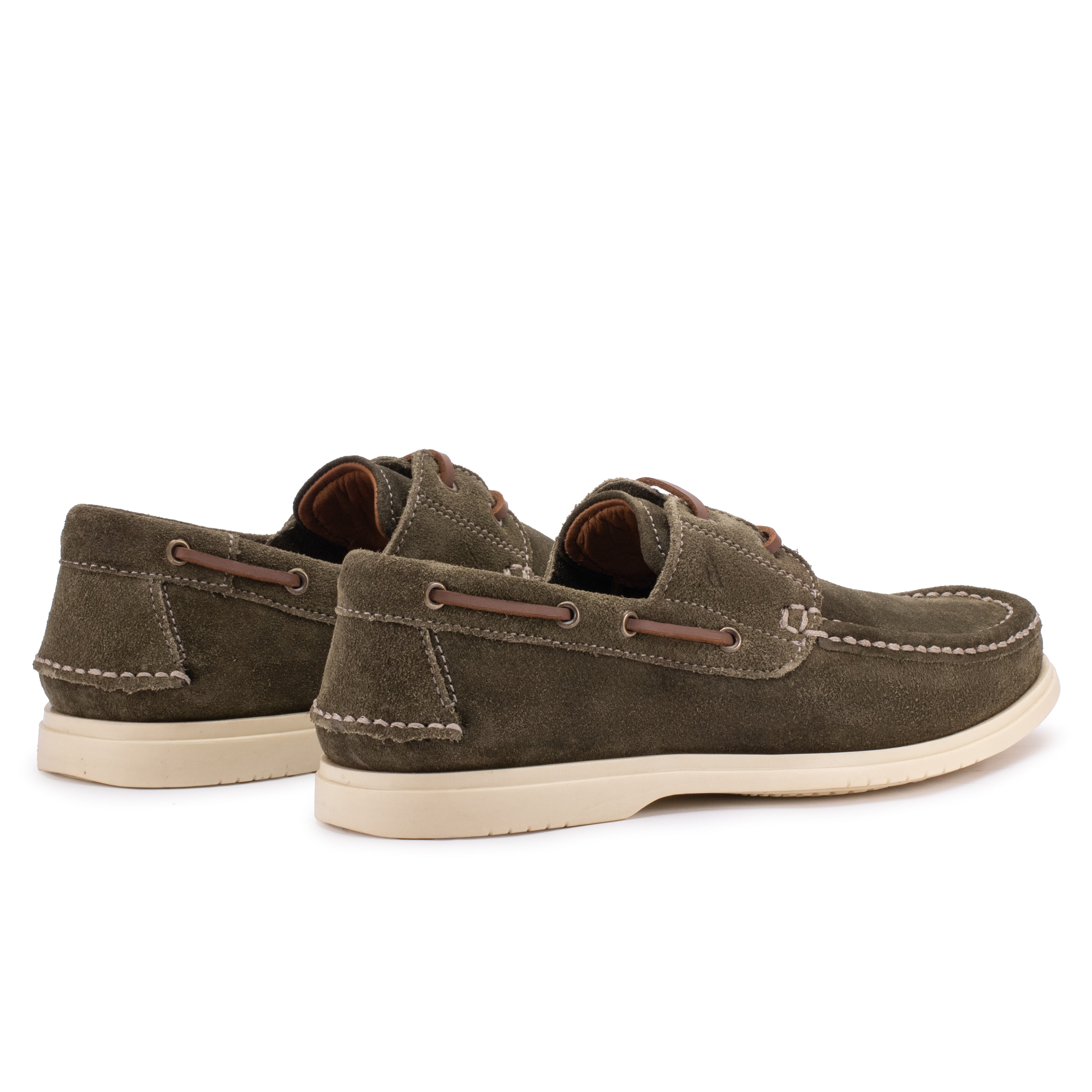 Rear angle view of the Artelio Navigator olive suede boat shoes with leather laces