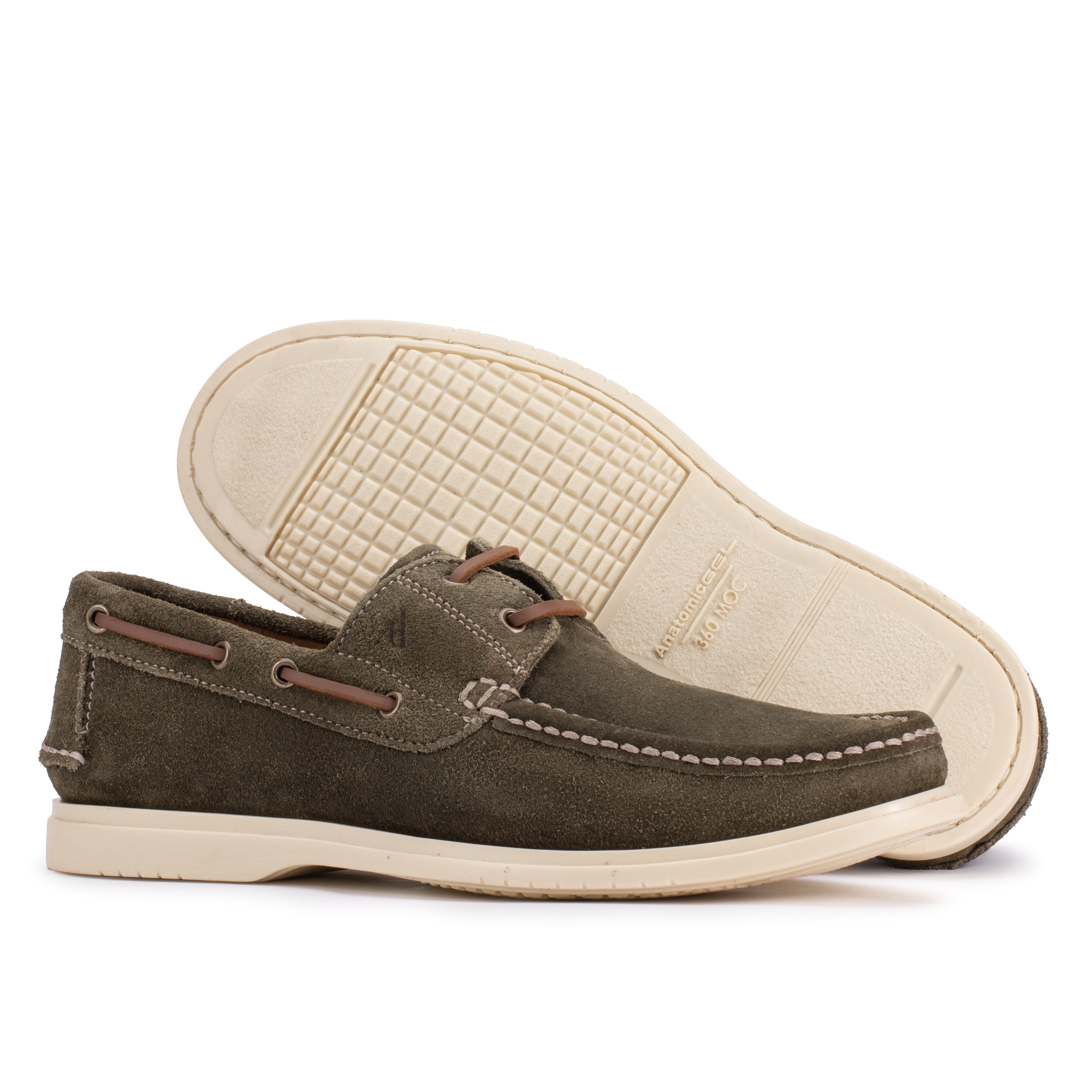 Sole detail of the Artelio Navigator olive suede boat shoe with a lightweight flexible comfort sole