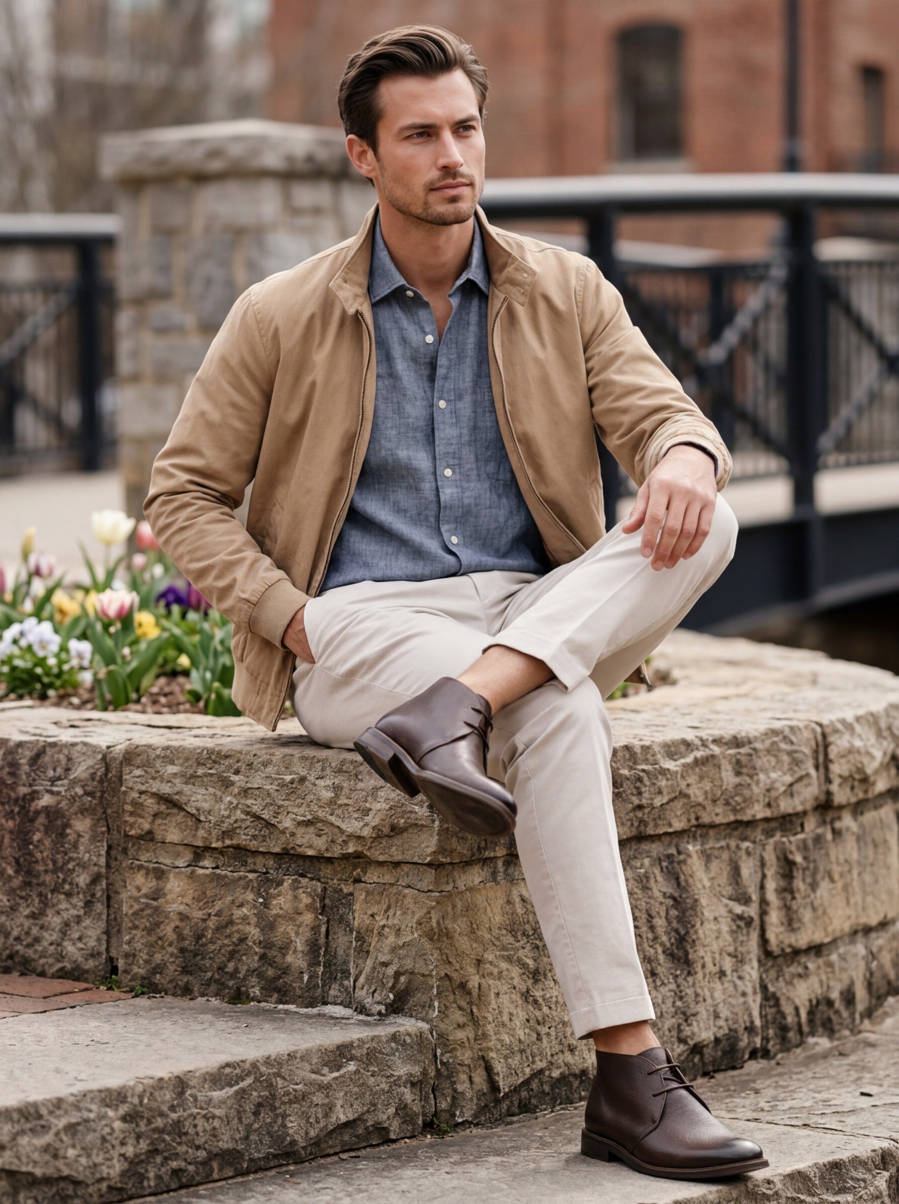 Lifestyle seated image of the Artelio New Siena rich brown leather chukka boot styled with a casual jacket