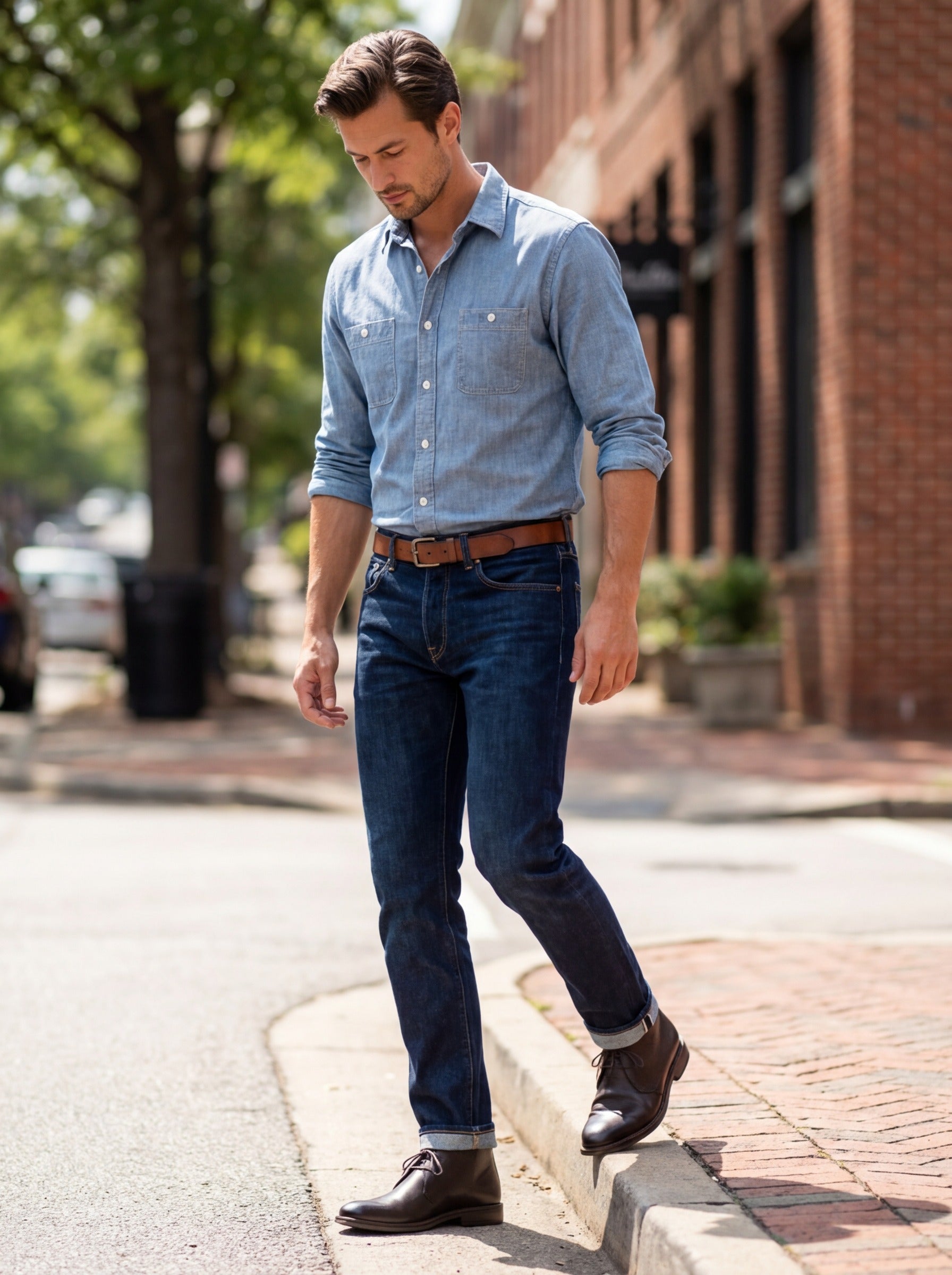 Lifestyle street image of the Artelio New Siena rich brown leather chukka boot styled with dark denim
