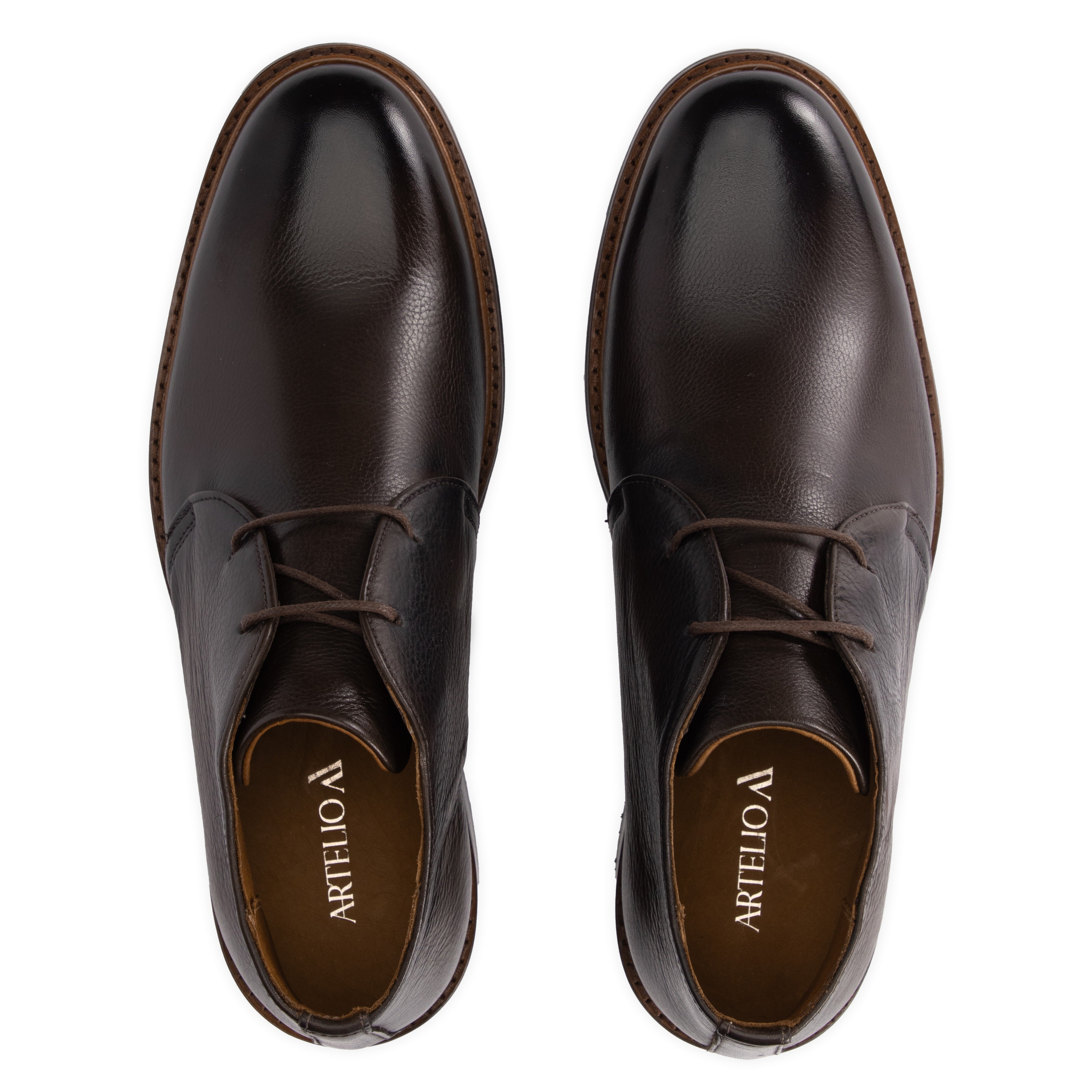 Top view of the Artelio New Siena rich brown leather chukka boot with leather lining and lace-up closure
