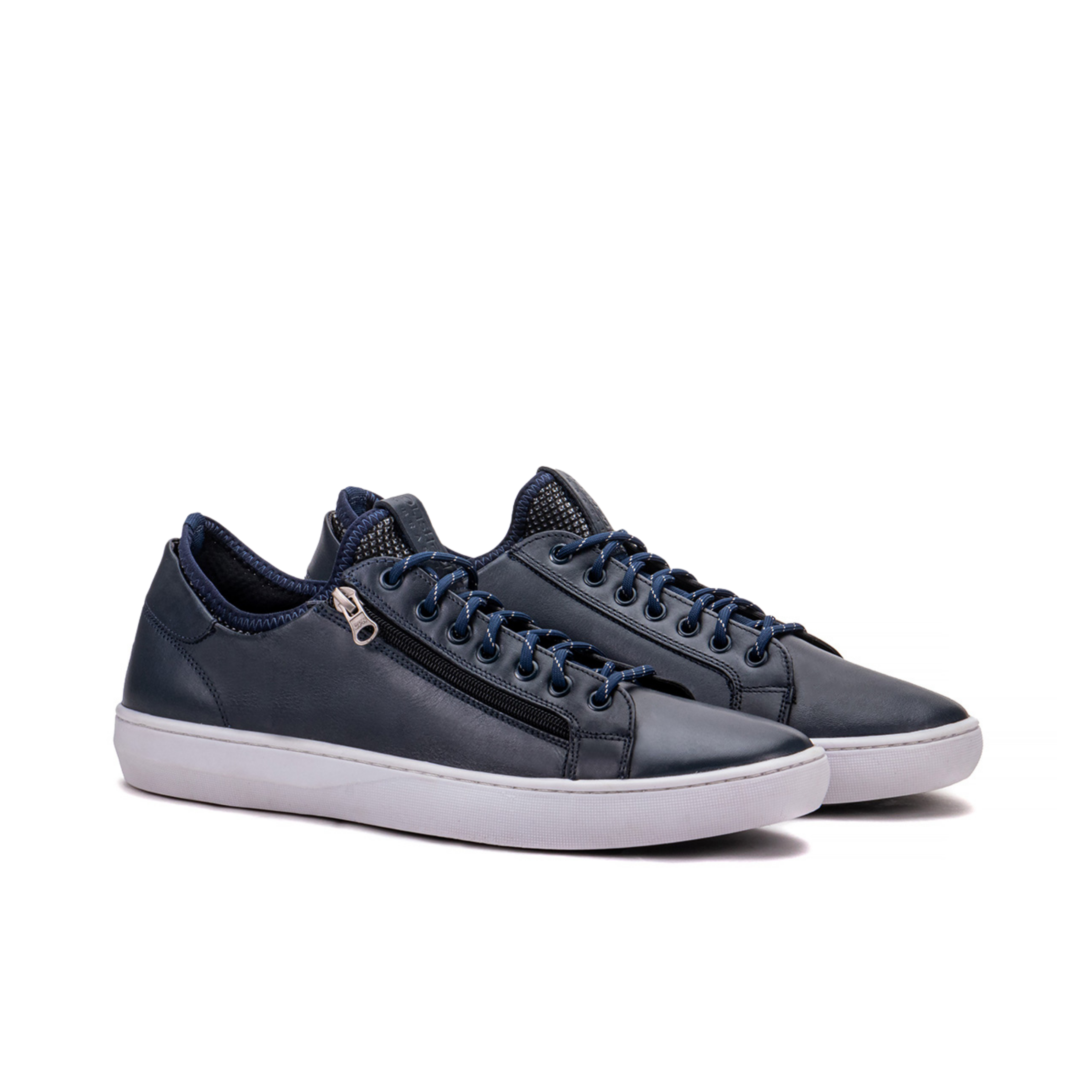 Artelio Pikes Peak navy leather side-zip sneaker with laces and easy zipper entry