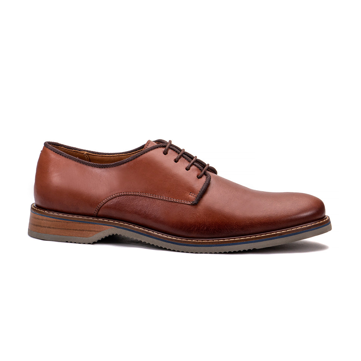 Side profile of the Artelio Pisa terracotta leather plain-toe derby showing the leather upper and layered sole