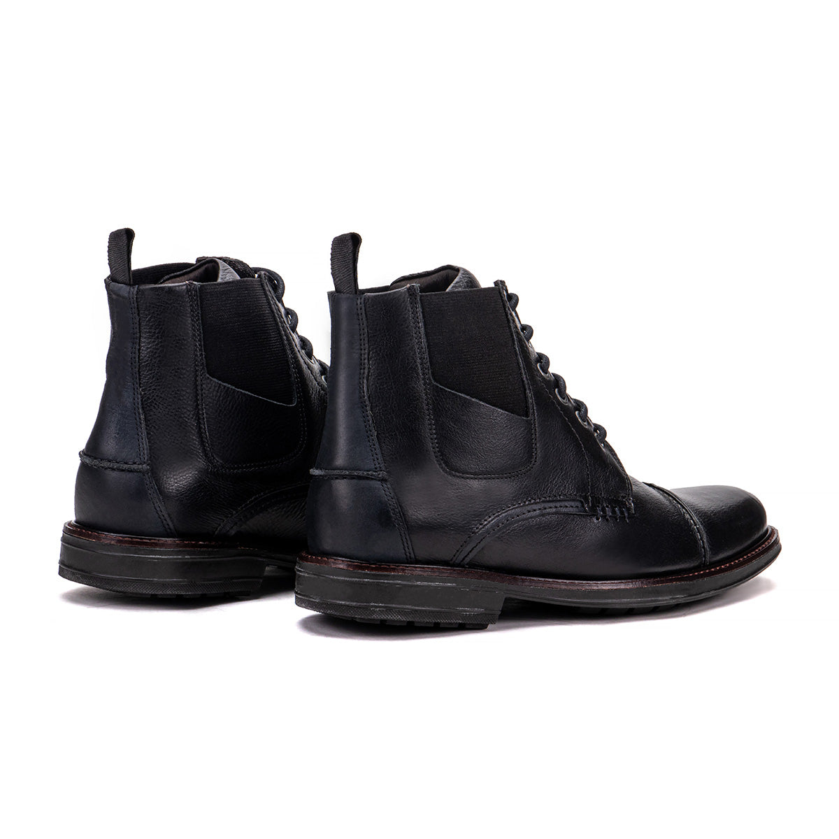 Rear angle of the Artelio Pompeii black leather lace-up boot showing the heel and side stretch panel