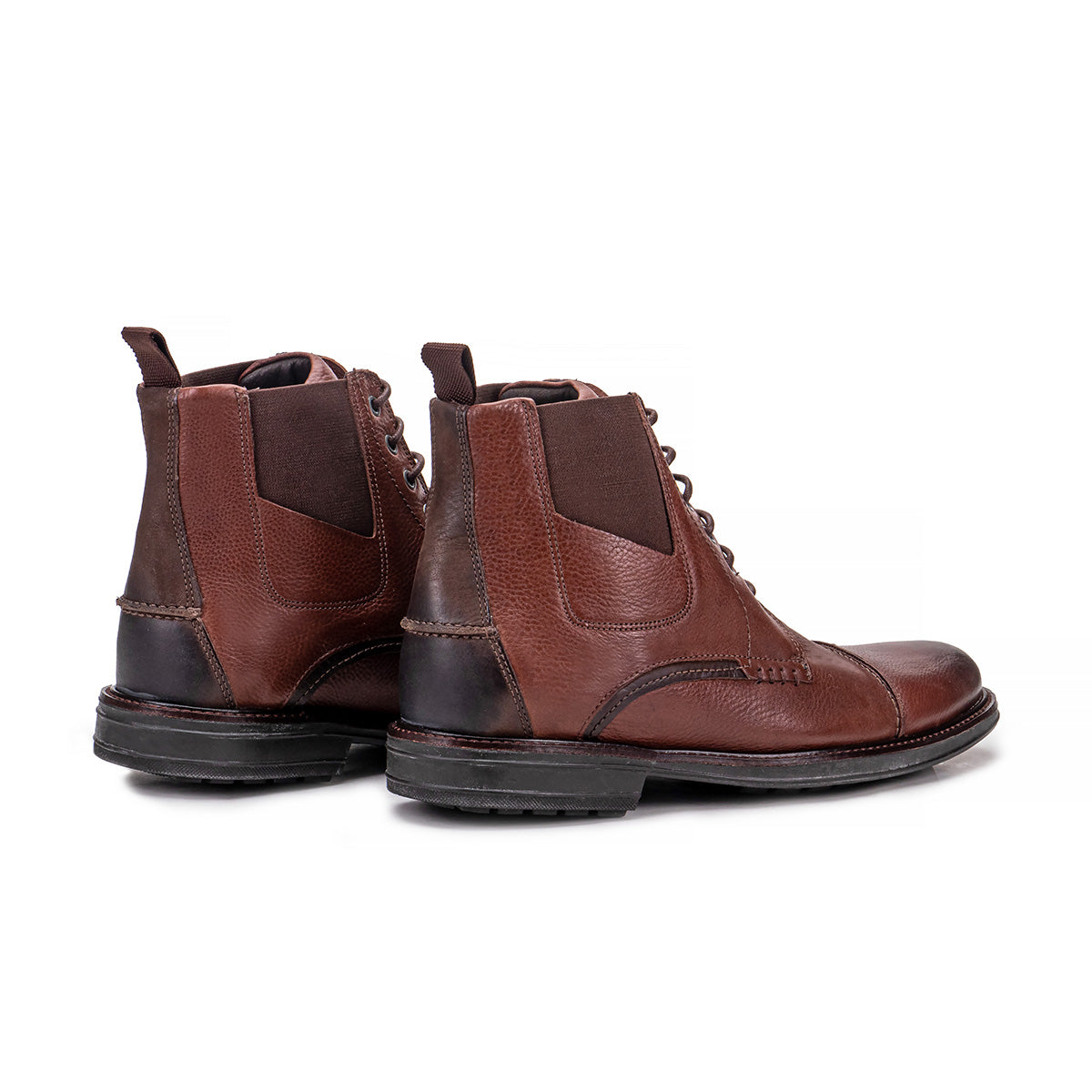 Rear angle of the Artelio Pompeii dark chocolate leather lace-up boot showing the heel and side stretch panel