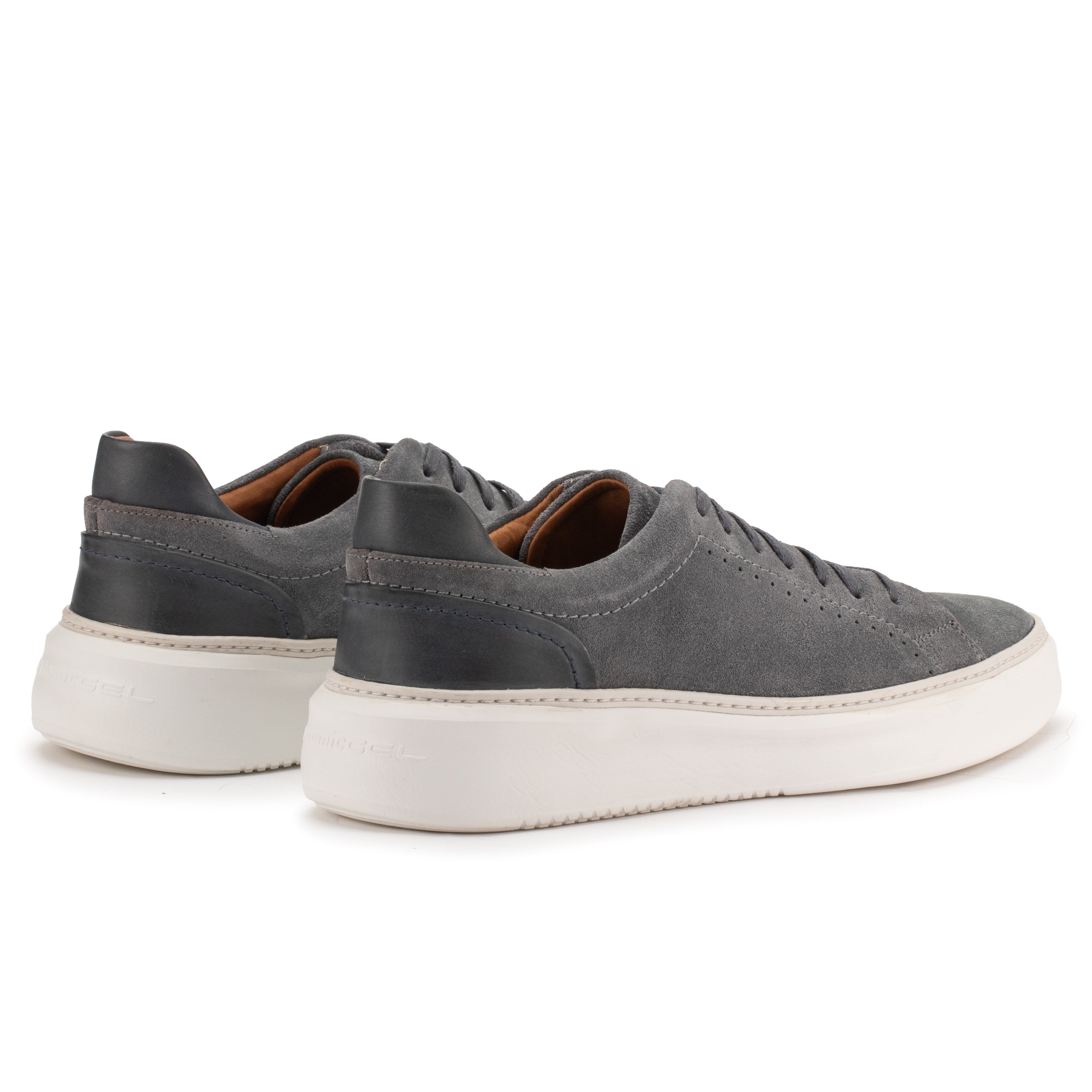 Rear angle of the Artelio Riviera 2.0 dark gray suede sneaker with leather heel detail and white sole