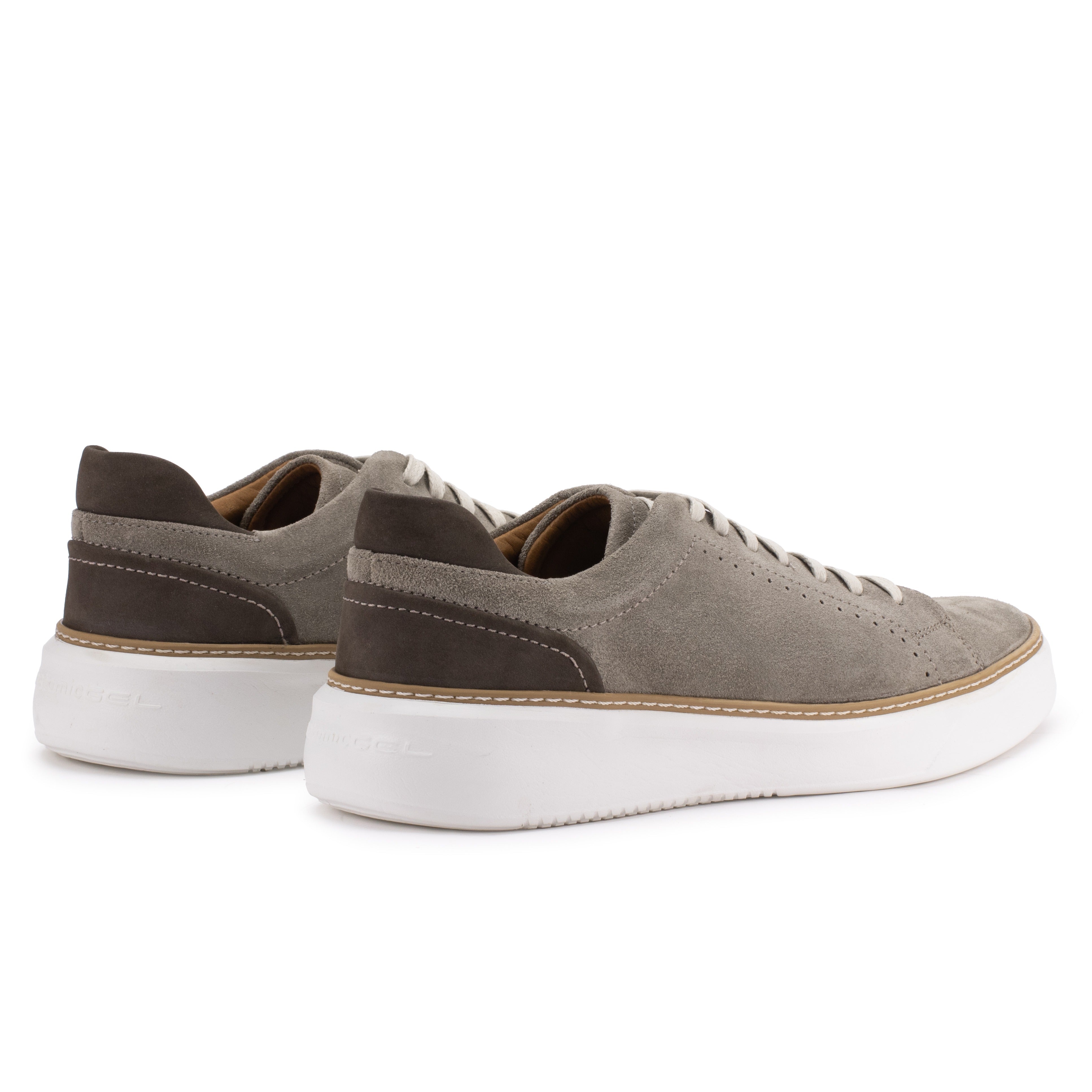 Rear angle of the Artelio Riviera 2.0 light gray suede sneaker with leather heel detail and white sole