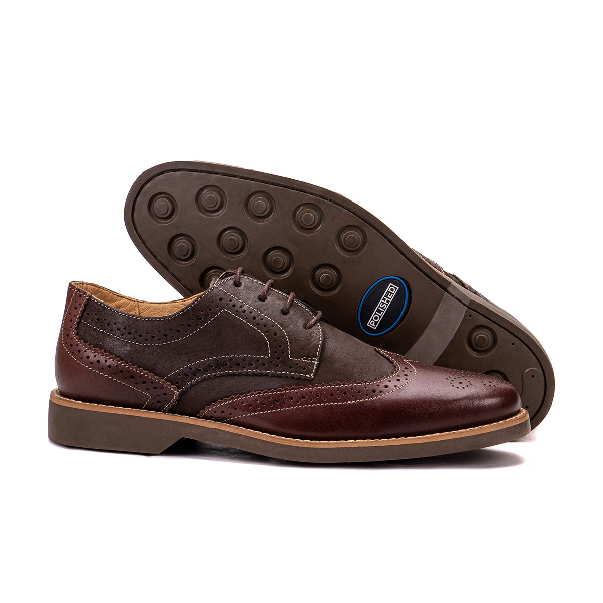 Sole detail of the Artelio Santiago burgundy coffee leather wingtip derby showing the flexible non-slip bottom