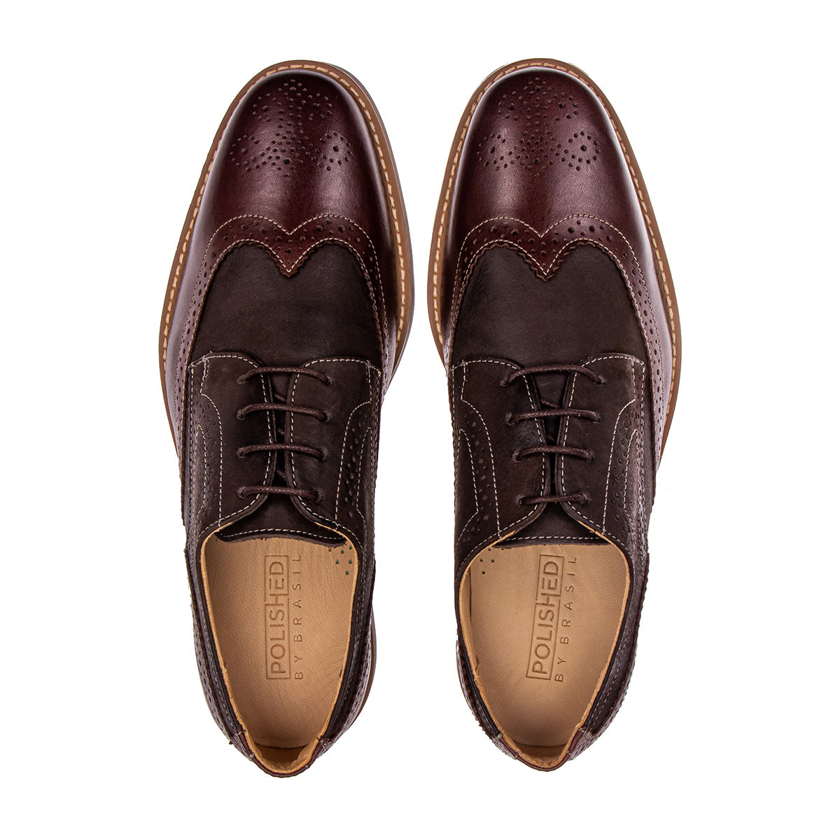 Top view of the Artelio Santiago burgundy coffee leather wingtip derby showing the wingtip brogue pattern and lace-up derby shape