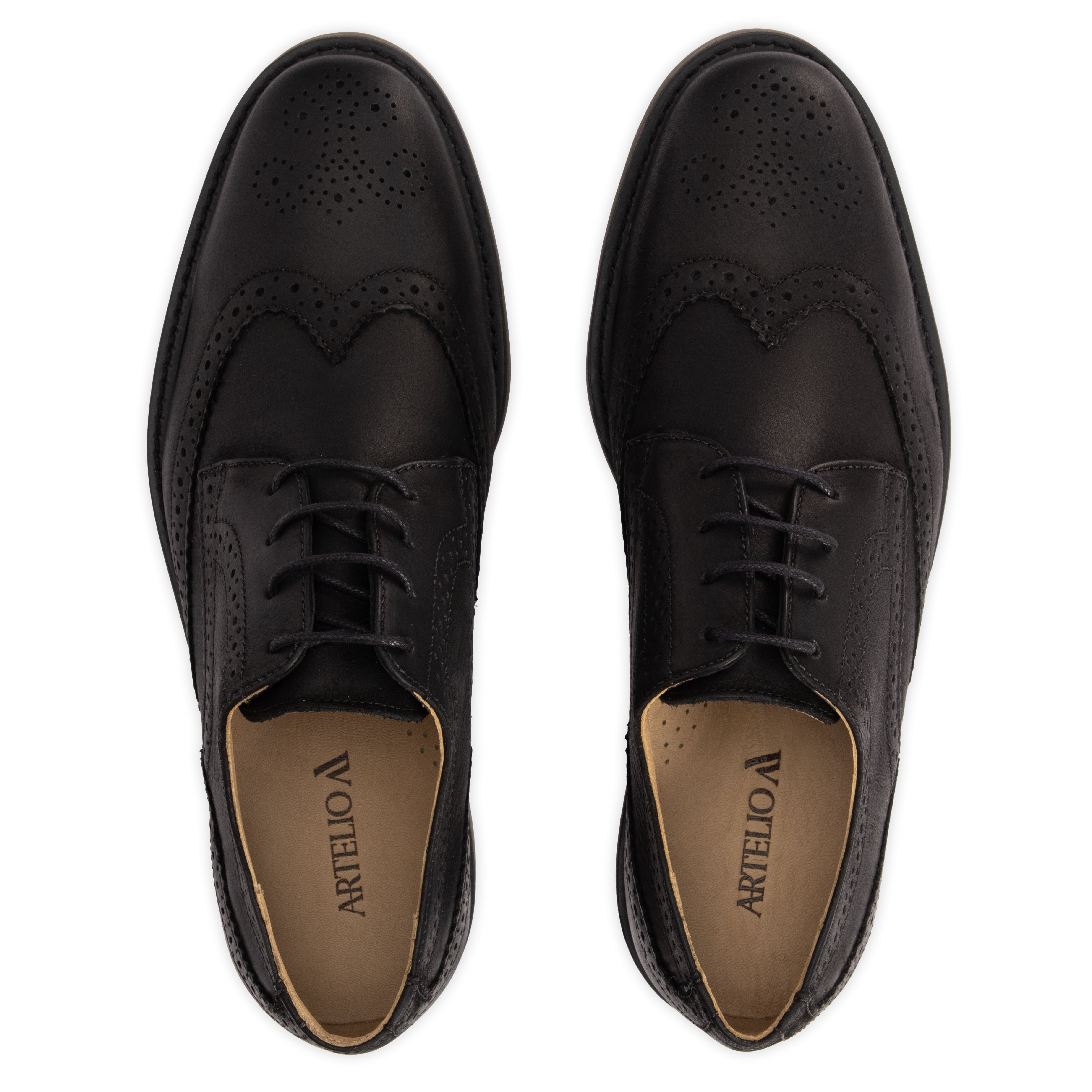 Top view of the Artelio Santiago classic black leather wingtip derby with lace-up derby shape