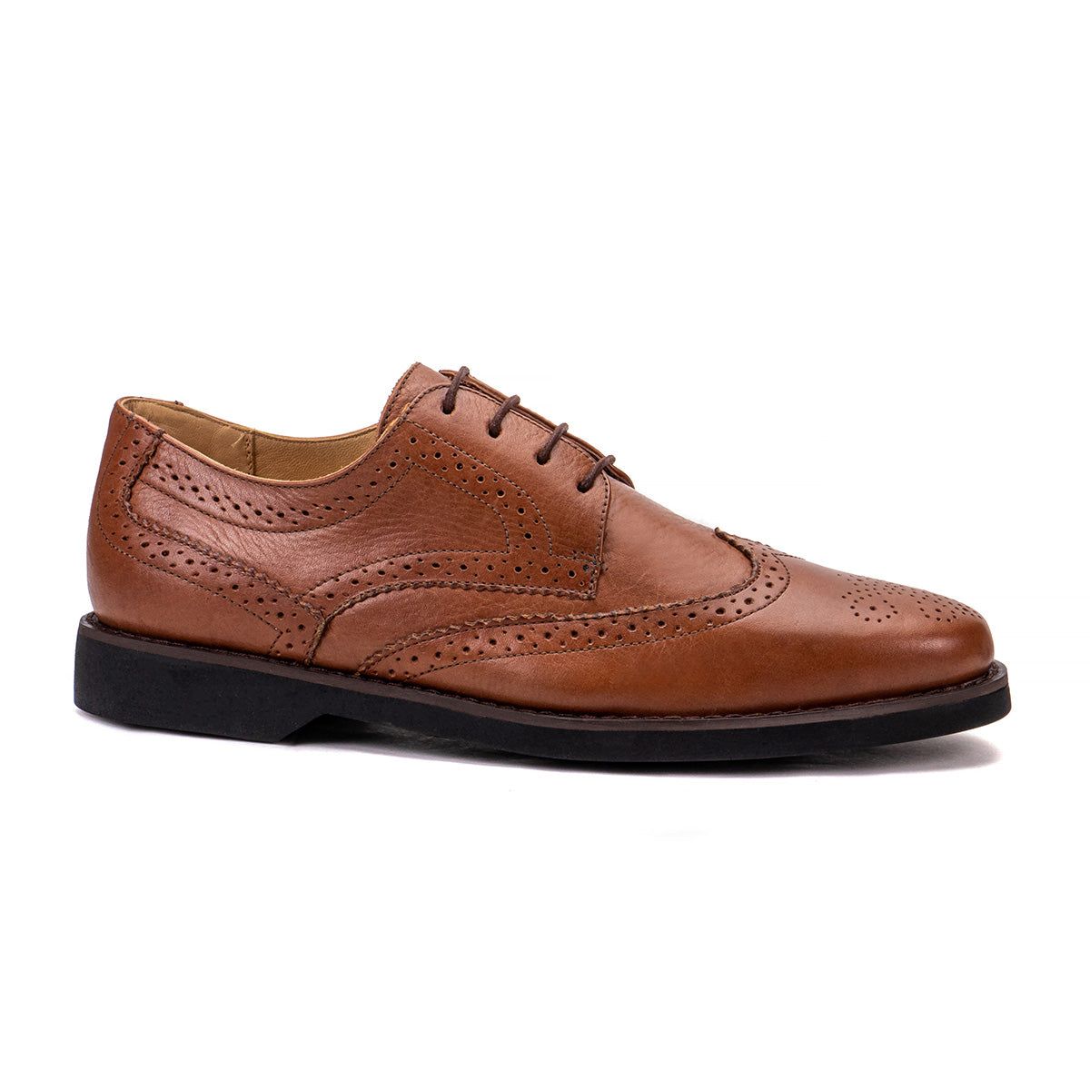 Side profile of the Artelio Santiago conservative cognac leather wingtip derby showing wingtip brogue detail