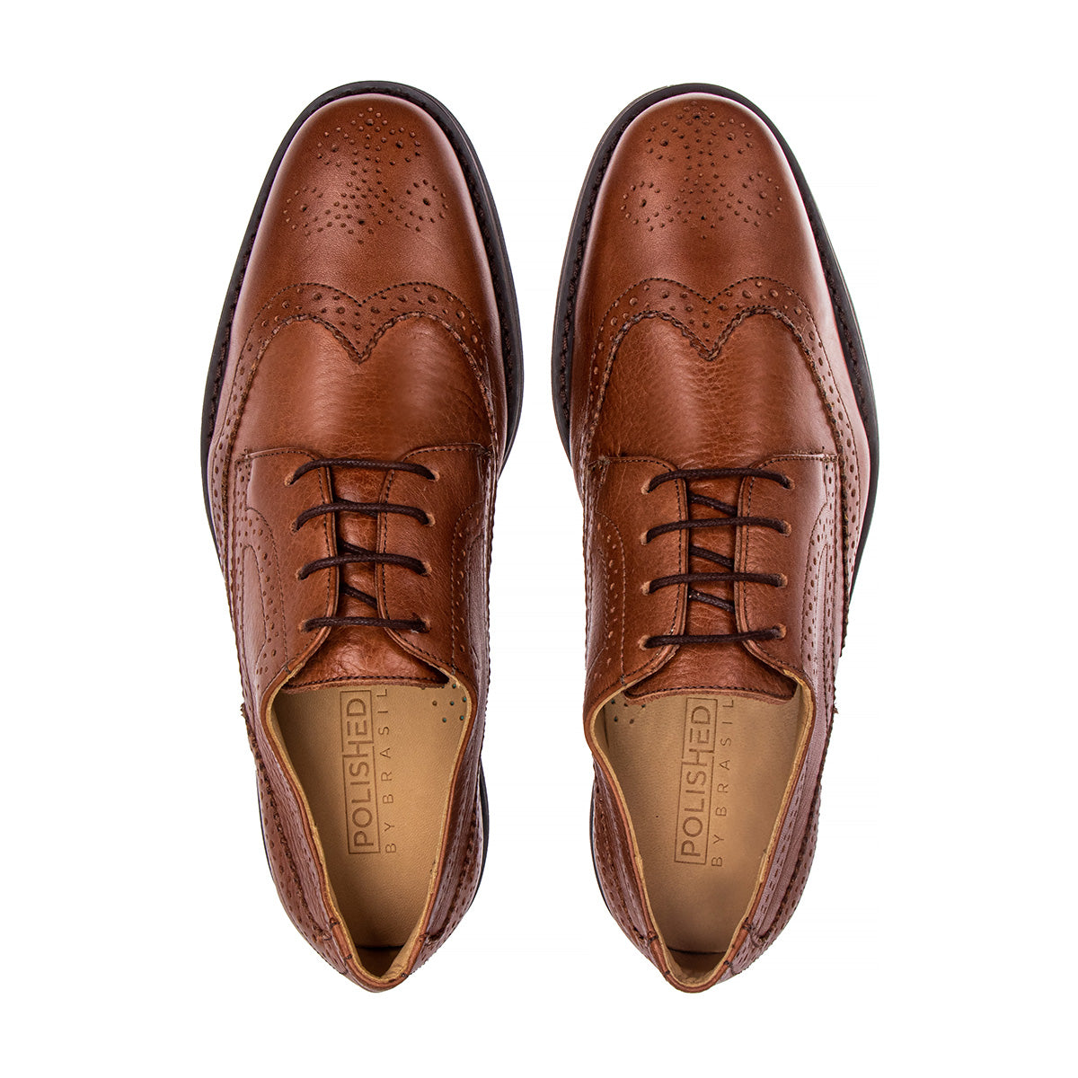 Top view of the Artelio Santiago conservative cognac leather wingtip derby showing the wingtip brogue pattern and lace-up derby shape