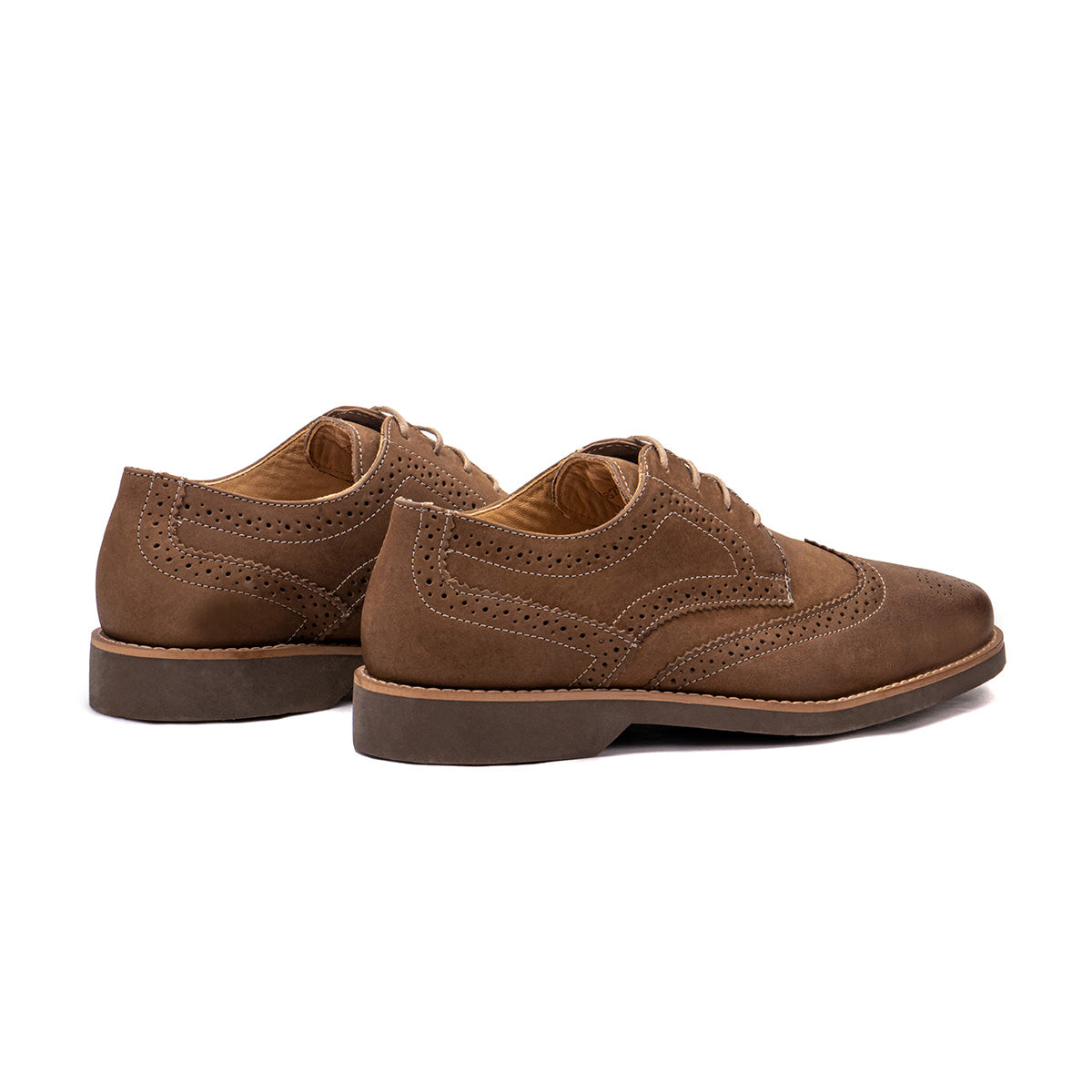 Rear angle of the Artelio Santiago earth brown leather wingtip derby showing the heel and leather upper