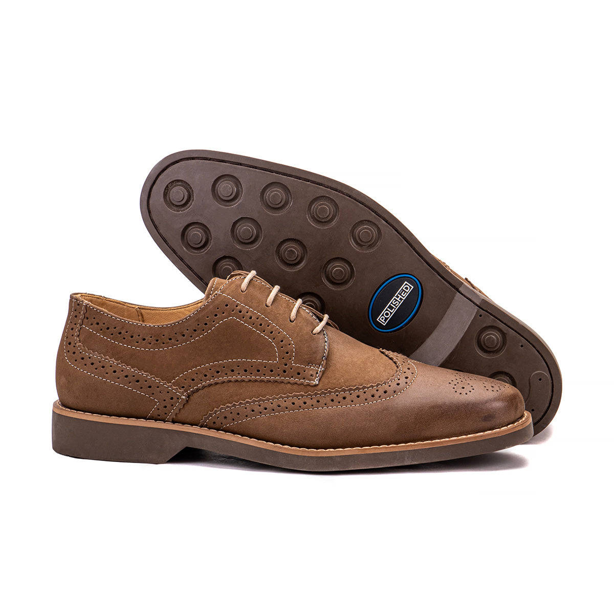 Sole detail of the Artelio Santiago earth brown leather wingtip derby showing the flexible non-slip bottom