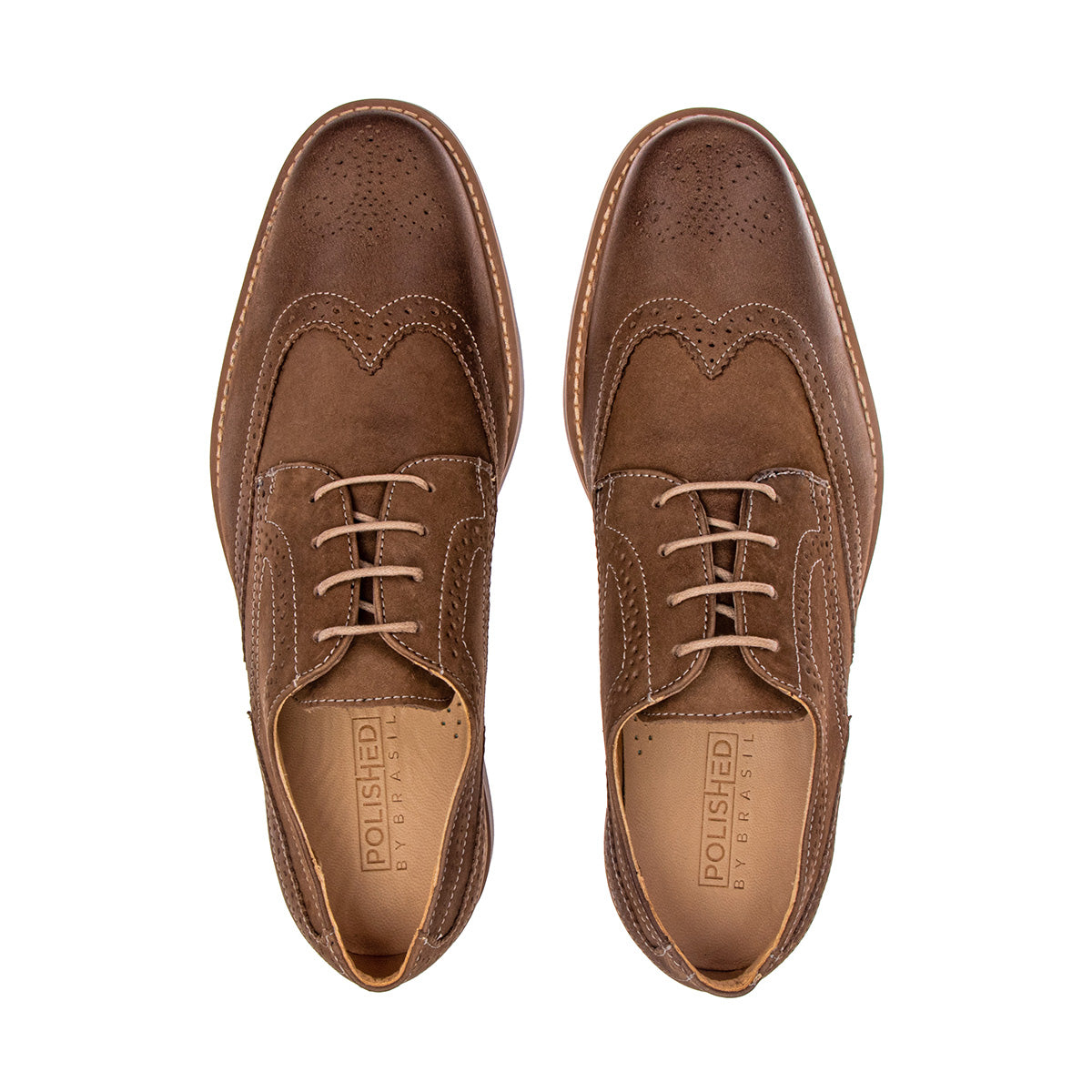Top view of the Artelio Santiago earth brown leather wingtip derby showing the wingtip brogue pattern and lace-up derby shape