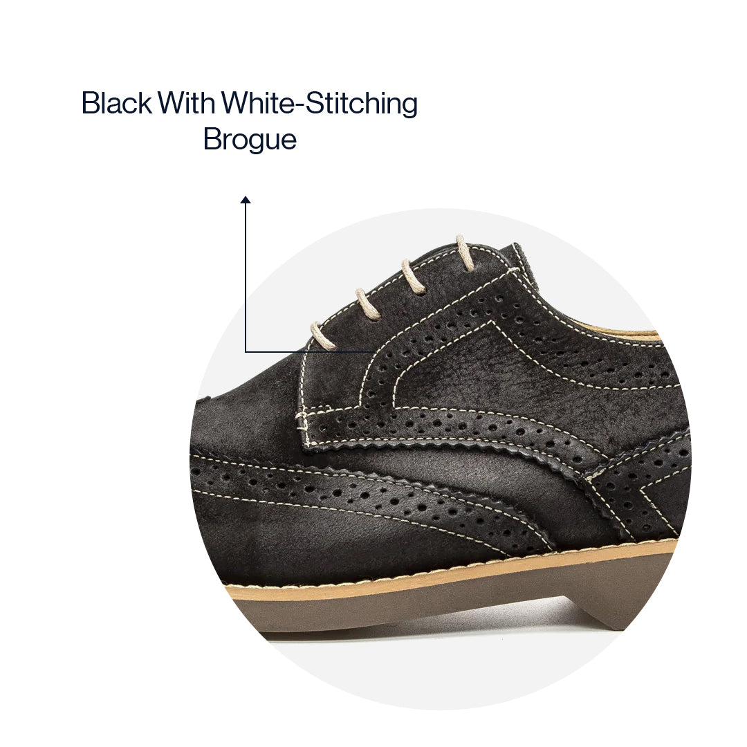 Lifestyle view of the Artelio Santiago midnight black leather wingtip derby styled for dress-casual wear