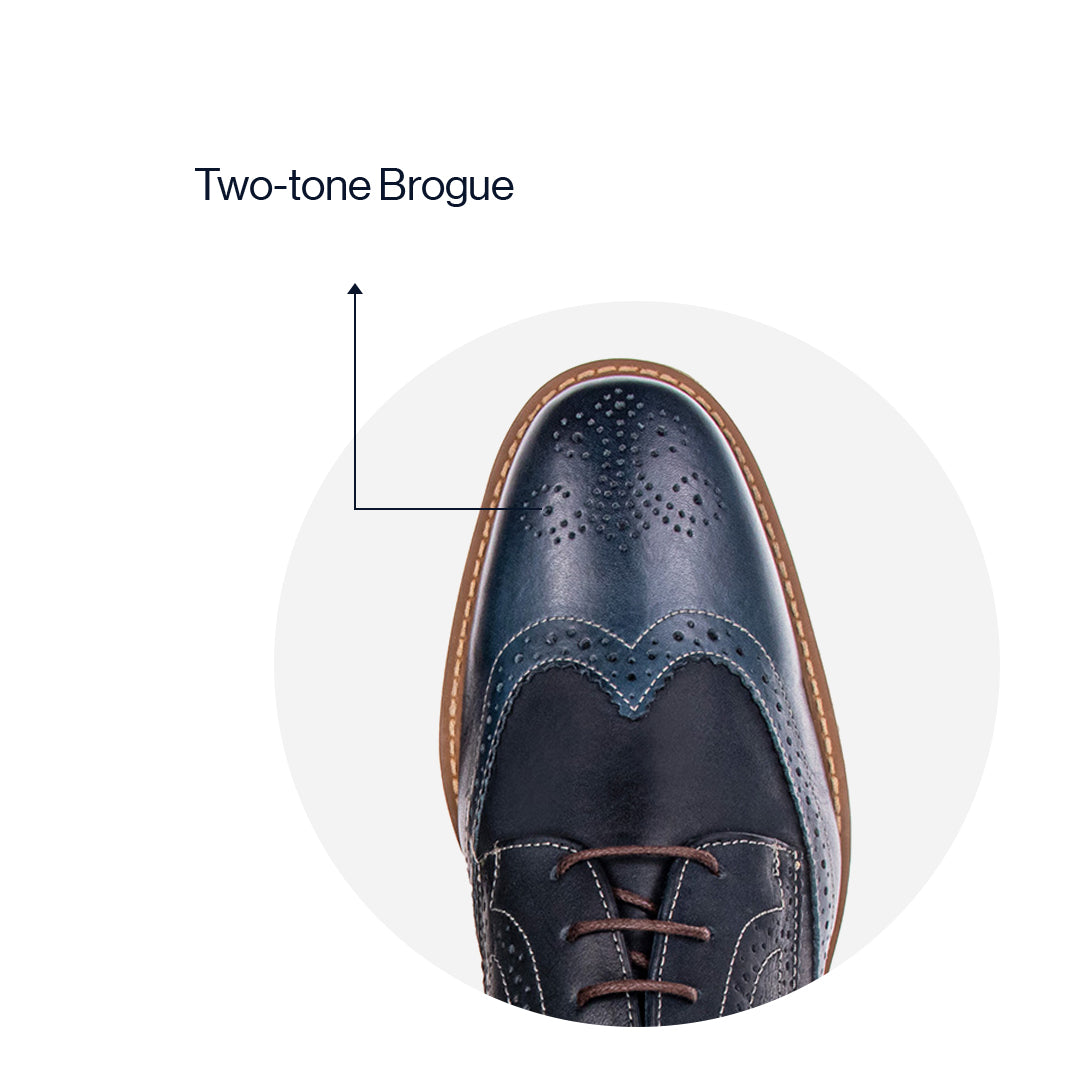Lifestyle view of the Artelio Santiago navy blue leather wingtip derby styled for dress-casual wear