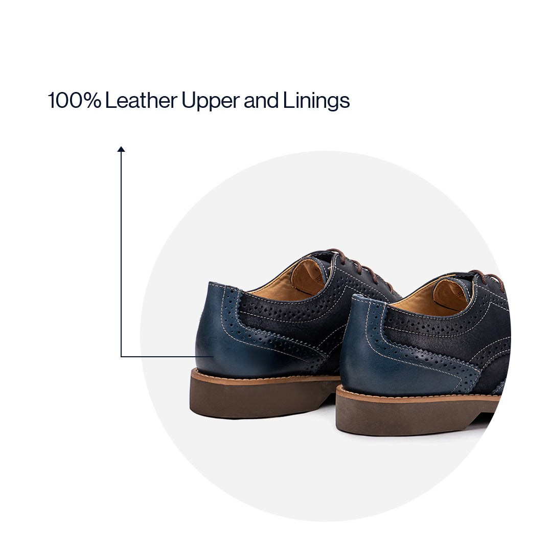 Lifestyle view of the Artelio Santiago navy blue leather wingtip derby styled for dress-casual wear