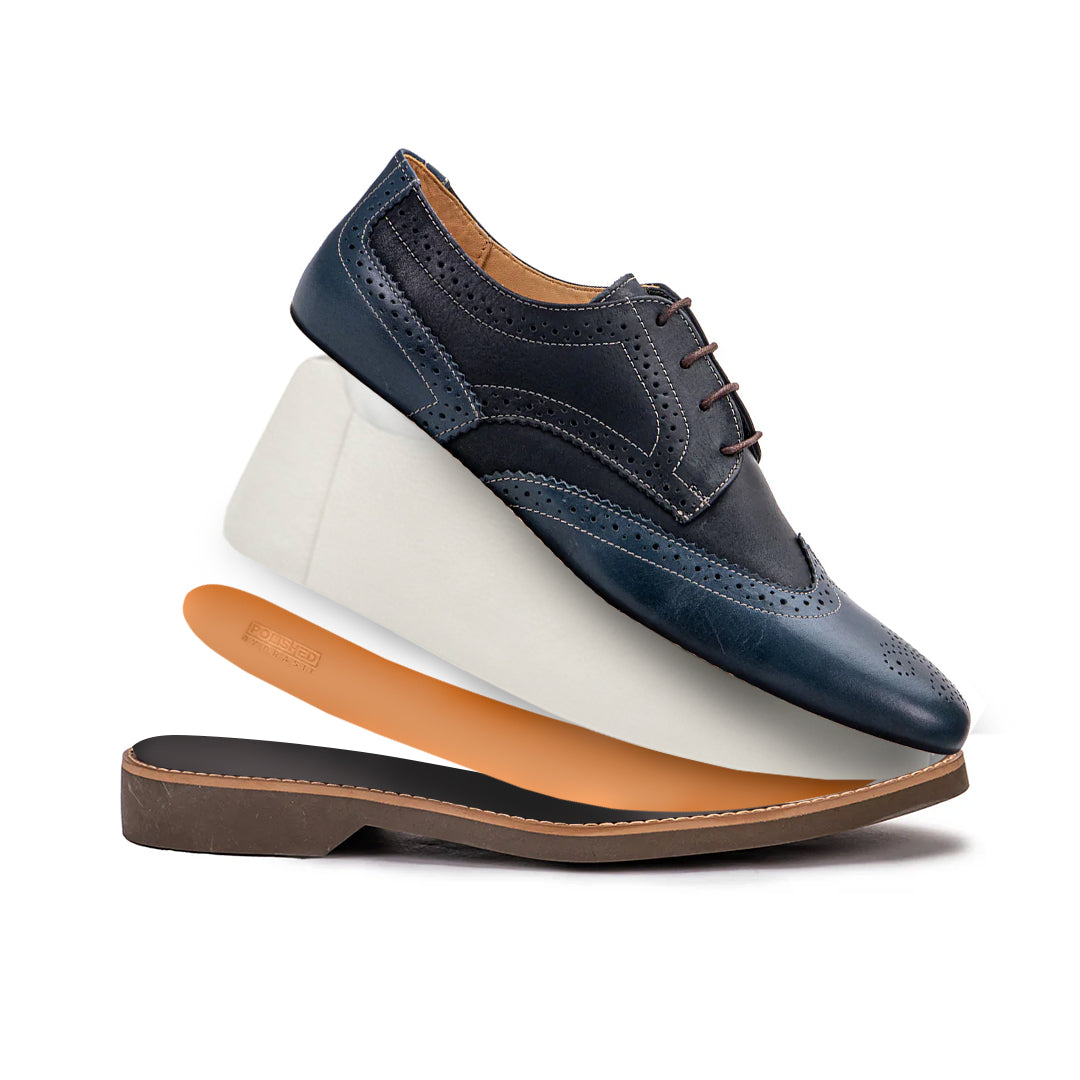 Lifestyle view of the Artelio Santiago navy blue leather wingtip derby styled for dress-casual wear