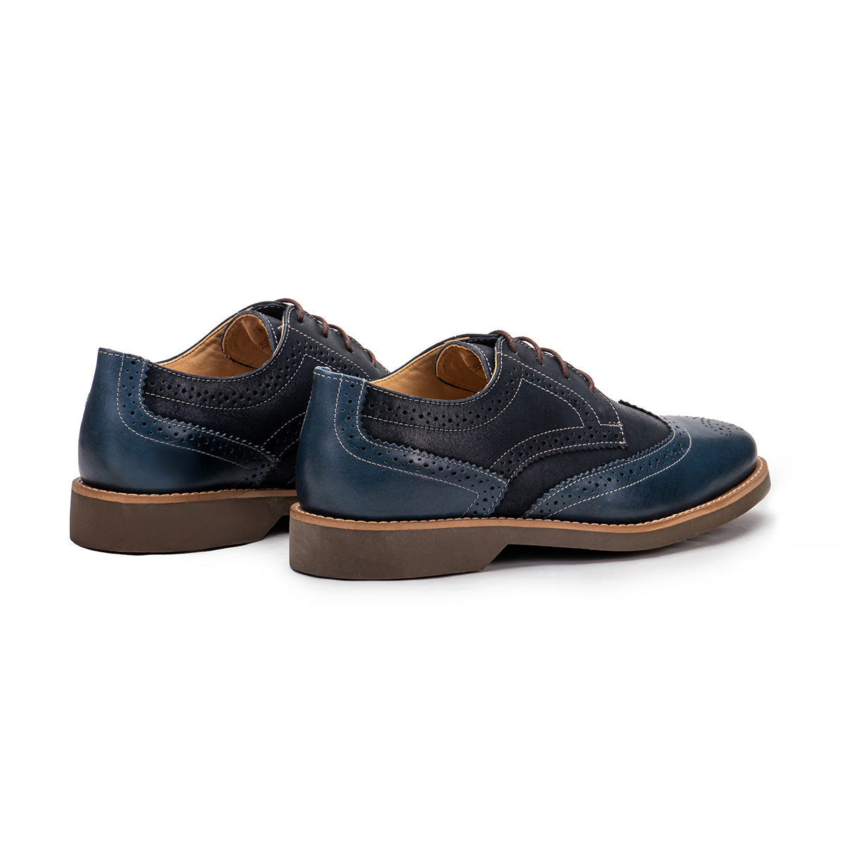 Rear angle of the Artelio Santiago navy blue leather wingtip derby showing the heel and leather upper
