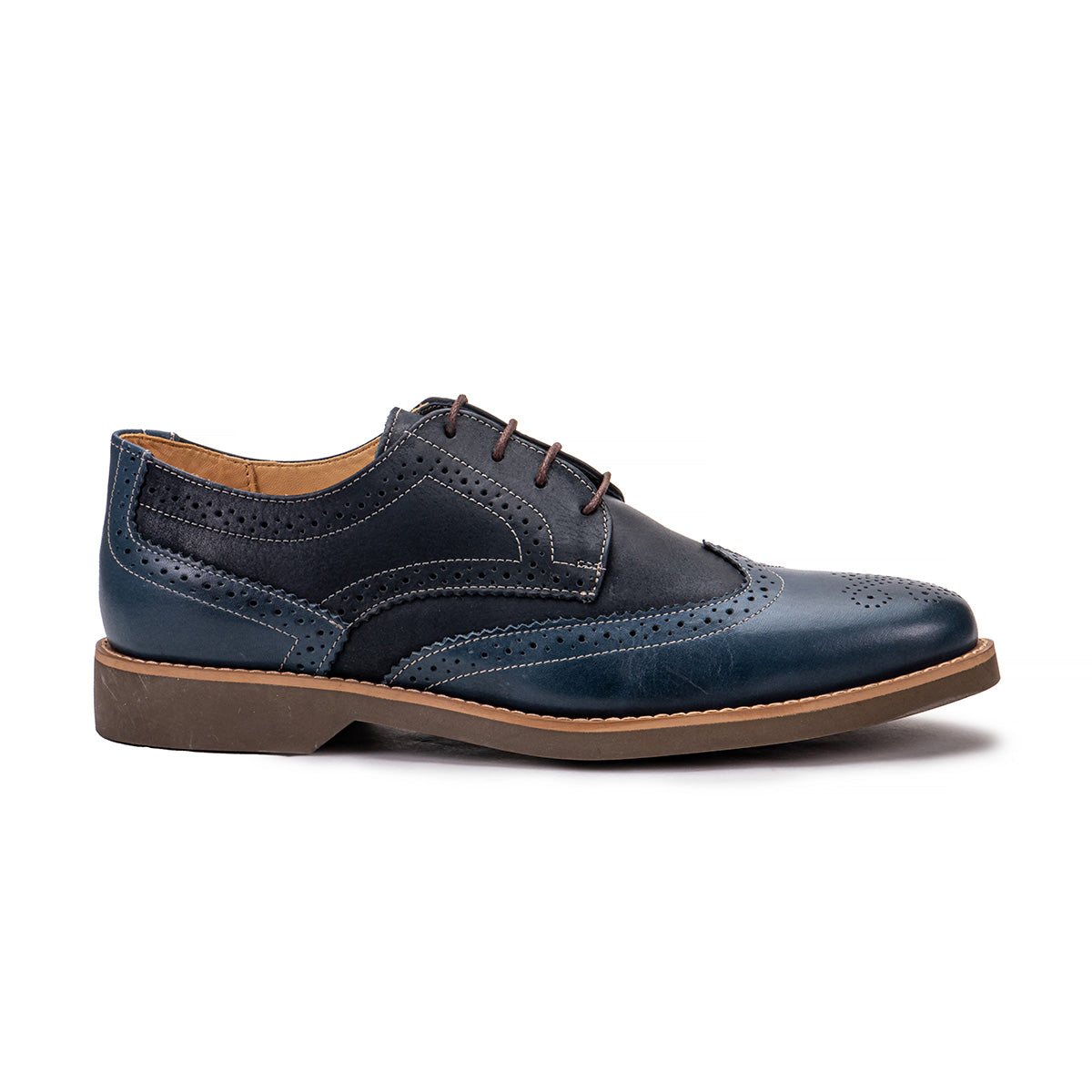 Side profile of the Artelio Santiago navy blue leather wingtip derby showing wingtip brogue detail