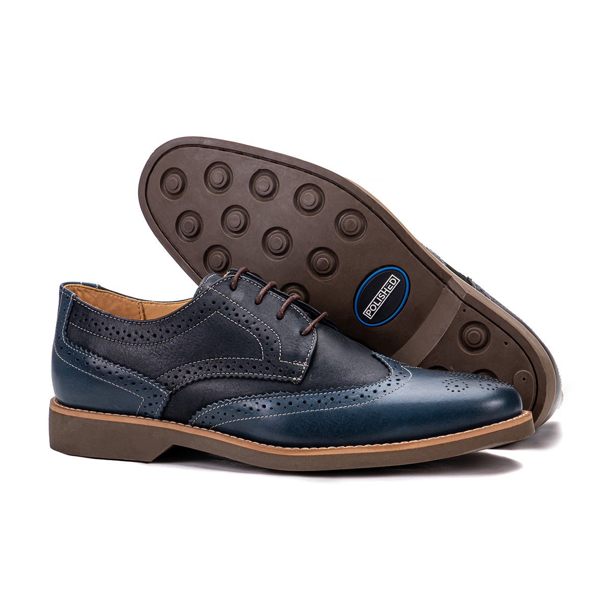 Sole detail of the Artelio Santiago navy blue leather wingtip derby showing the flexible non-slip bottom
