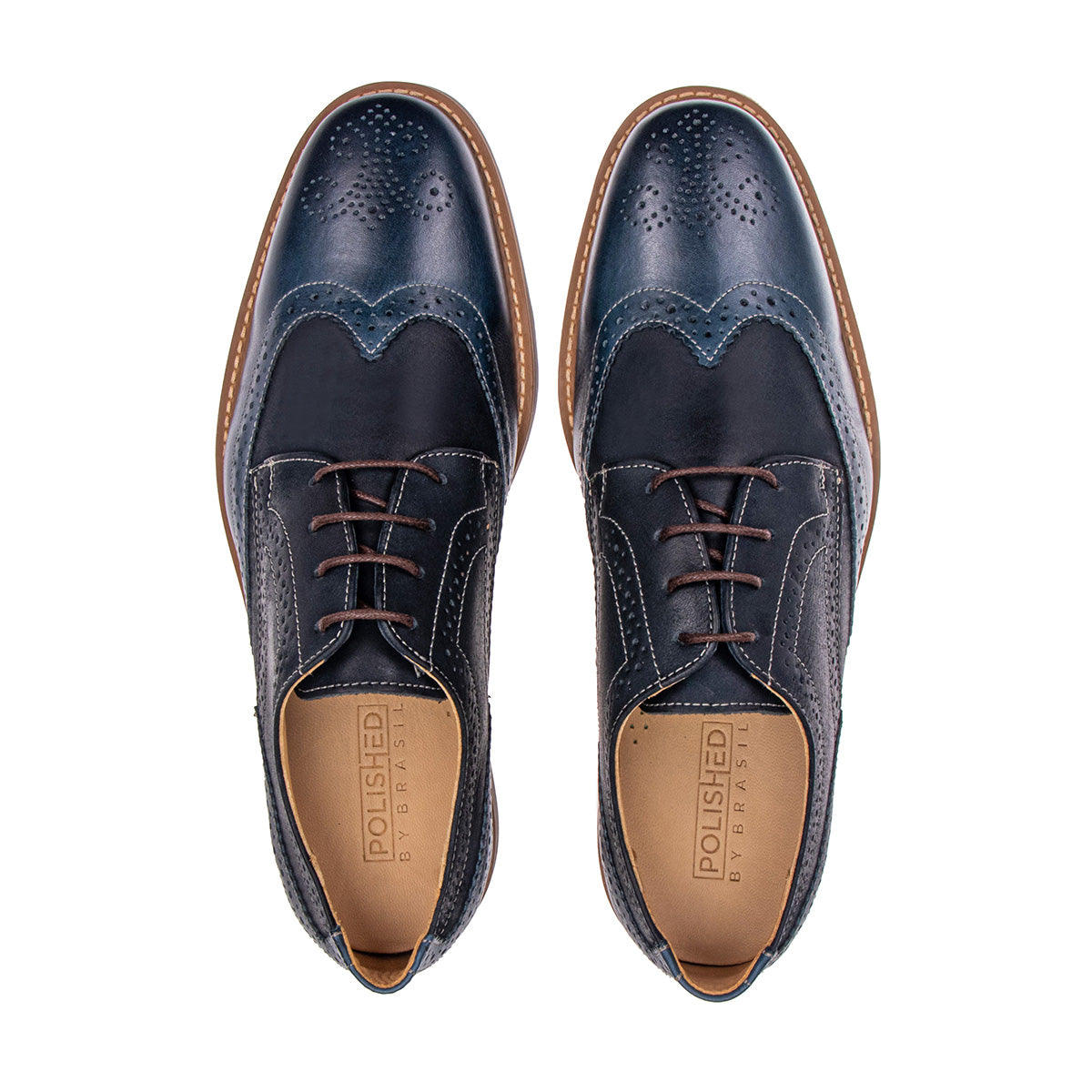 Top view of the Artelio Santiago navy blue leather wingtip derby showing the wingtip brogue pattern and lace-up derby shape