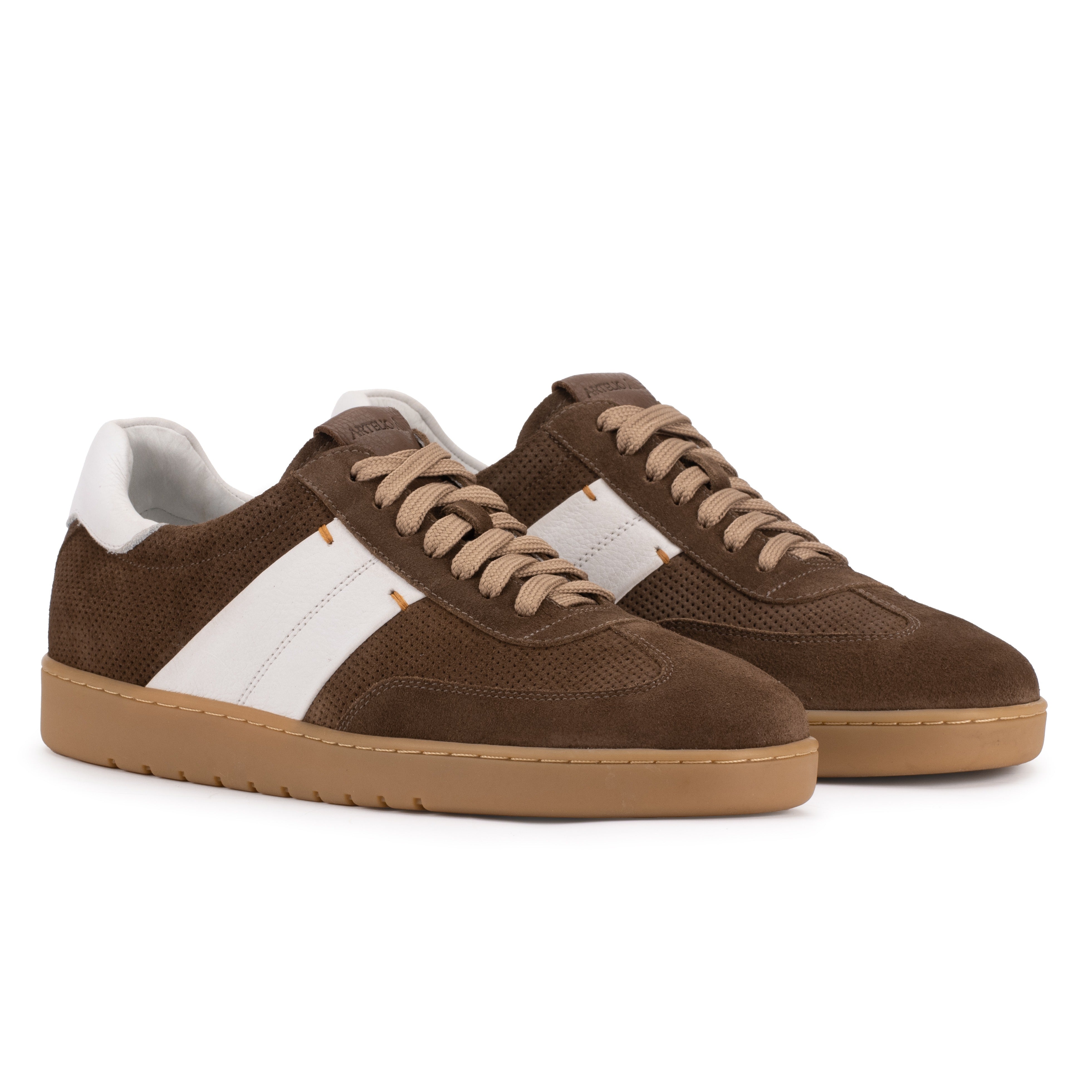 Front angle of the Artelio Strata chocolate suede sneaker showing the low-profile lace-up shape