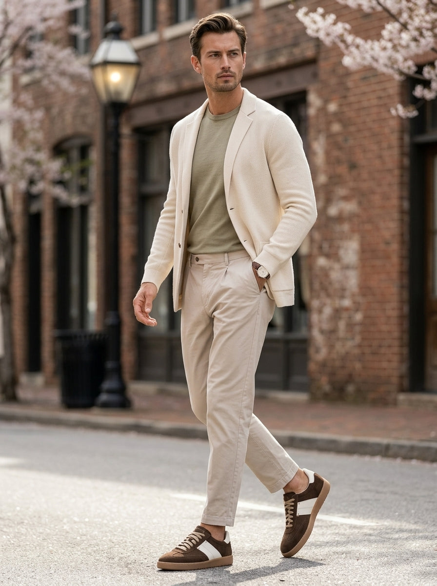 Tailored casual outfit with the Artelio Strata chocolate suede sneaker and light layers
